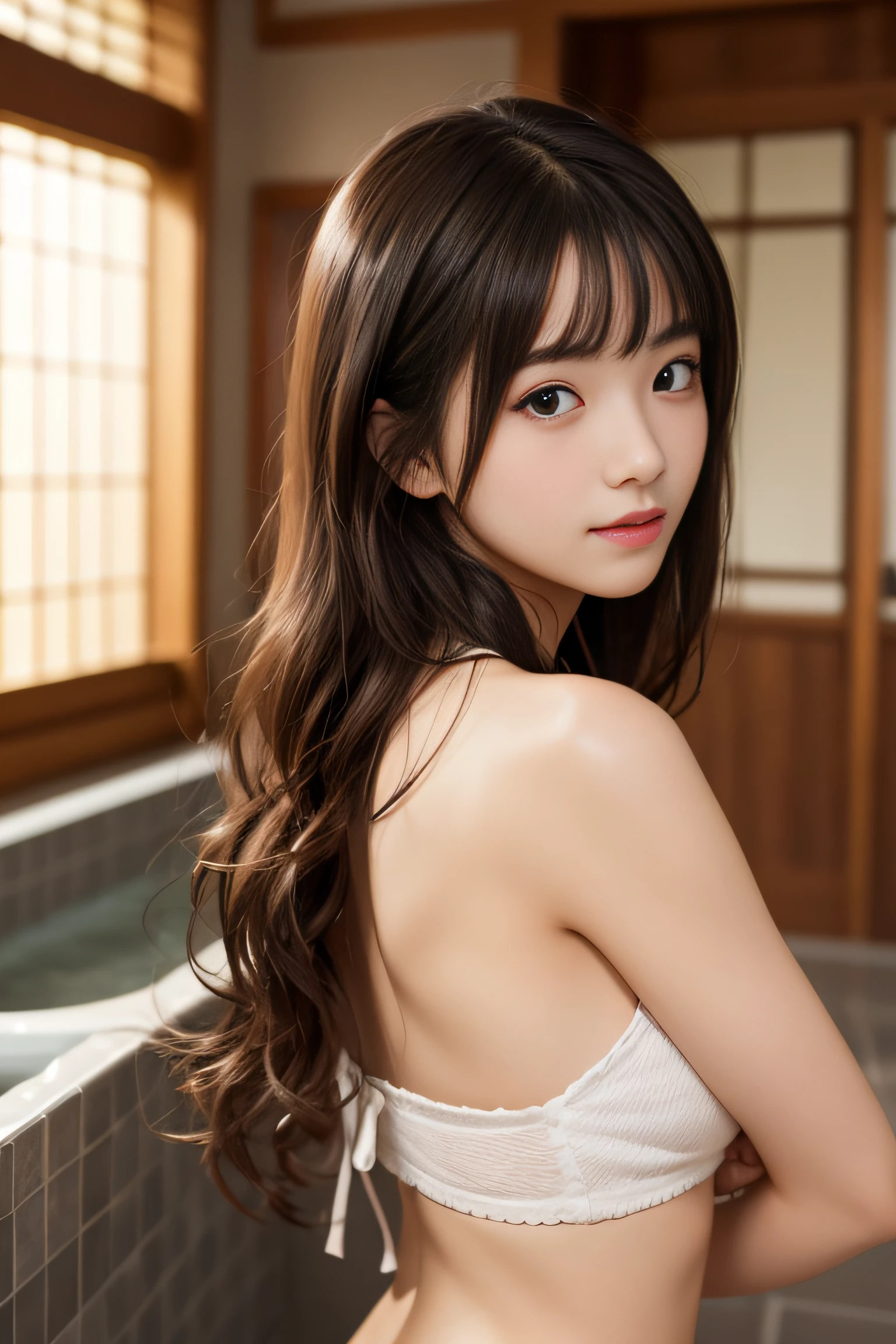 ryokan、Large public bath、(tiny chest)、(small tits)、Young shiny shiny white shiny skin、Best Looks、shiny light hair、a small face、cute 18yo girl