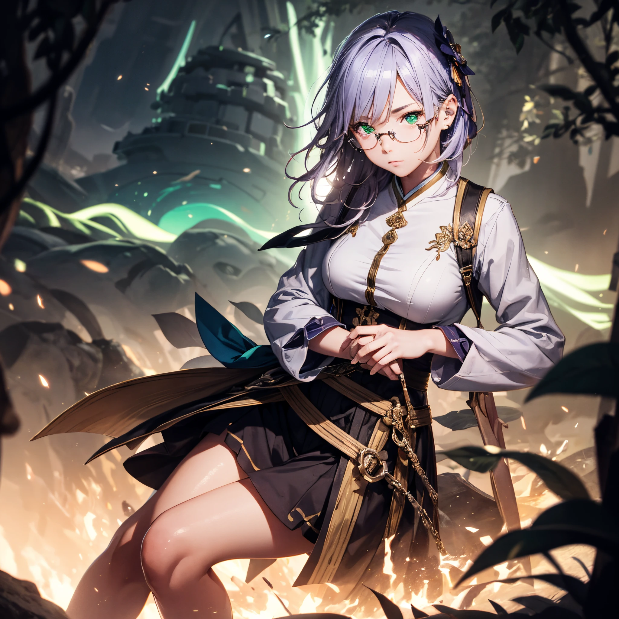 girl with, Light purple hair, green colored eyes, sitting on, sideshot, (Skysky:1.3), (masterpiece, top-quality, Near and far law, depth of fields:1.5), florals, Rocky mountain, the woods, beautiful countenance, thighs thighs thighs thighs, frombelow, 8K, Raw foto, absurderes, Impresionismo, (Tom Thomson, Claude Monet, Joaquin Sorolla, James Wilson Morris, Jon Fabian Aluson, Hugh Henry Breckenridge:0.8), nffsw, Photorealsitic, film grains, chromatic abberation, hight resolution, ultra-detailliert, finely detail, 动态照明, Dramatic Lighting、shadowy、Sharp Focus、extremely detailed eye and face、Sharp pupils、Realistic pupils、eye glass