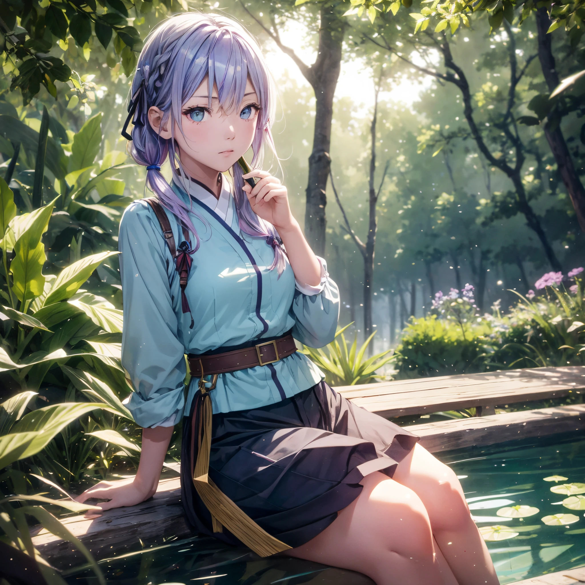 girl with, Light purple hair, green colored eyes, sitting on, sideshot, (Skysky:1.3), (masterpiece, top-quality, Near and far law, depth of fields:1.5), florals, Rocky mountain, the woods, beautiful countenance, thighs thighs thighs thighs, frombelow, 8K, Raw foto, absurderes, Impresionismo, (Tom Thomson, Claude Monet, Joaquin Sorolla, James Wilson Morris, Jon Fabian Aluson, Hugh Henry Breckenridge:0.8), nffsw, Photorealsitic, film grains, chromatic abberation, hight resolution, ultra-detailliert, finely detail, 动态照明, Dramatic Lighting、shadowy、Sharp Focus、extremely detailed eye and face、Sharp pupils、Realistic pupils、eye glass