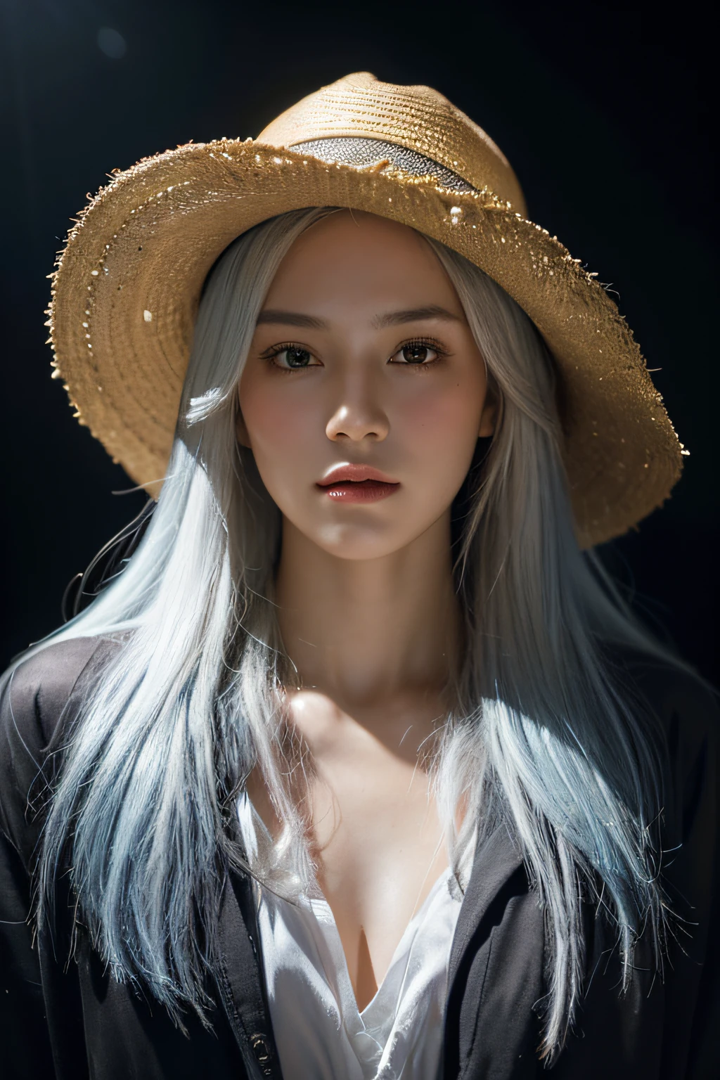 Hyperrealist portrait of female by david hockney and alphonse mucha,fantasy art, photo realistic, dynamic lighting, artstation, poster, volumetric lighting, very detailed faces, 4 k, award winning,, 1girl, in the dark, deep shadow, low key,cowboy shot,(official clothing:1.4) ,long hair,white hair,
