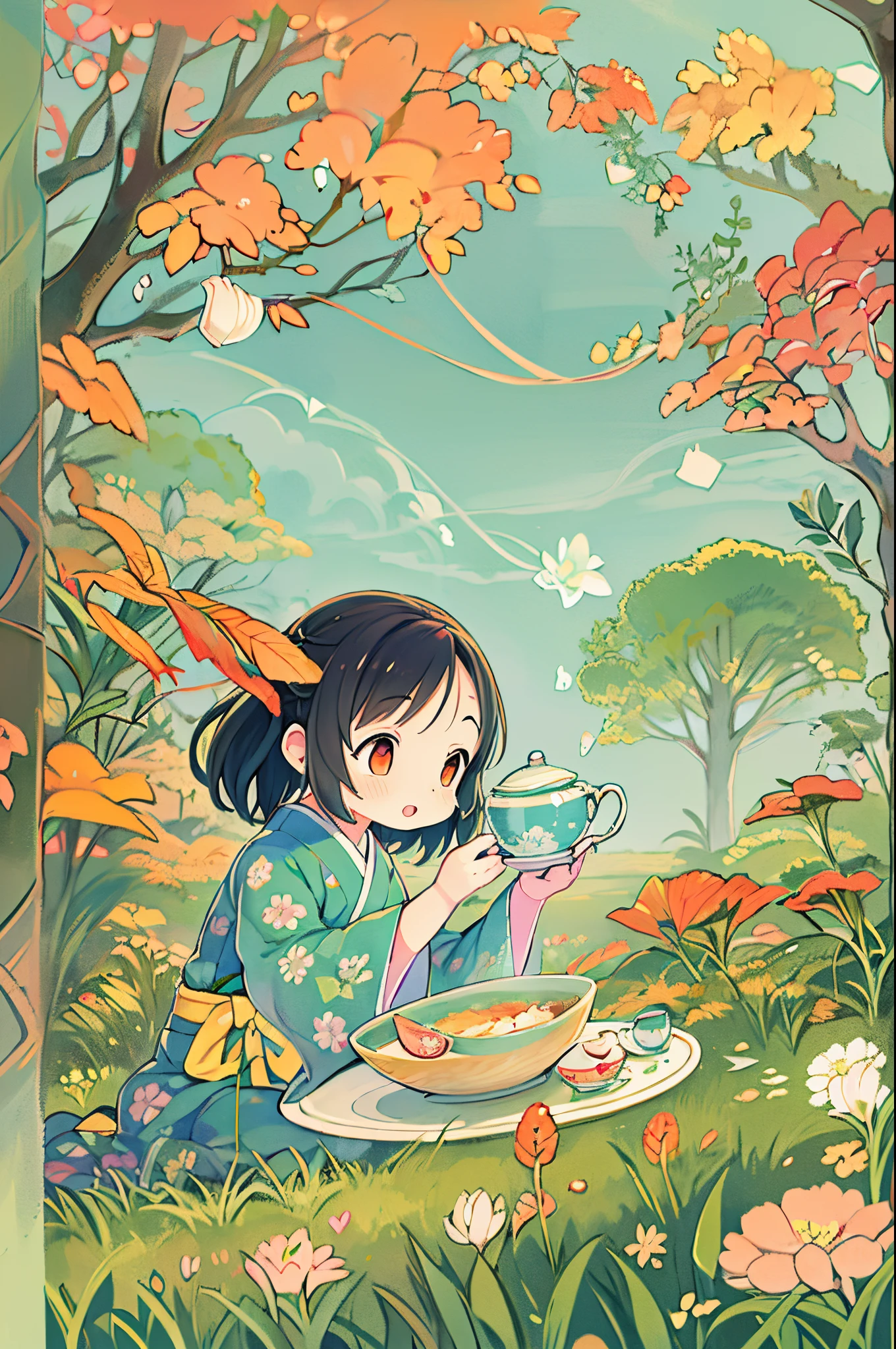 fairytale illustration/Reiko Ikemura, pixabay, simple art, full color illustration, Cute fairy tale illustration, Picture book illustration, Illustration, Girl picking tea in the style of Hayao Miyazaki, In the field, Kimono, Kimono