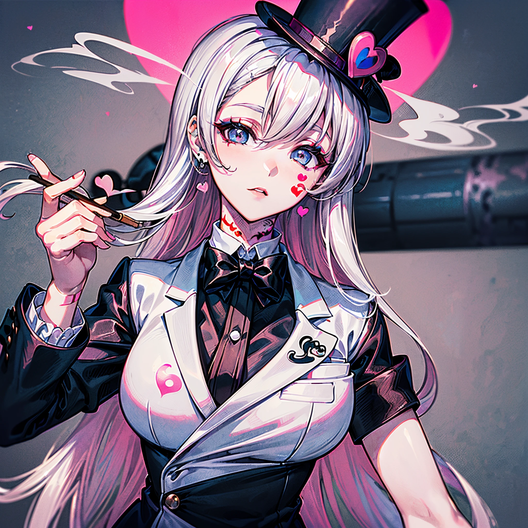 ((Masterpiece)), ((Best Quality)), ((Best Quality)), (Illustration of one girl), Long pink hair, (((Tall)), (White skin), Gray eyes, Blue eyeliner, (((Tattoo with a heart symbol around left eye)), ((Tuxedo)), (Top Hat)), Smoke Pipe, (Clown), (Circus)
