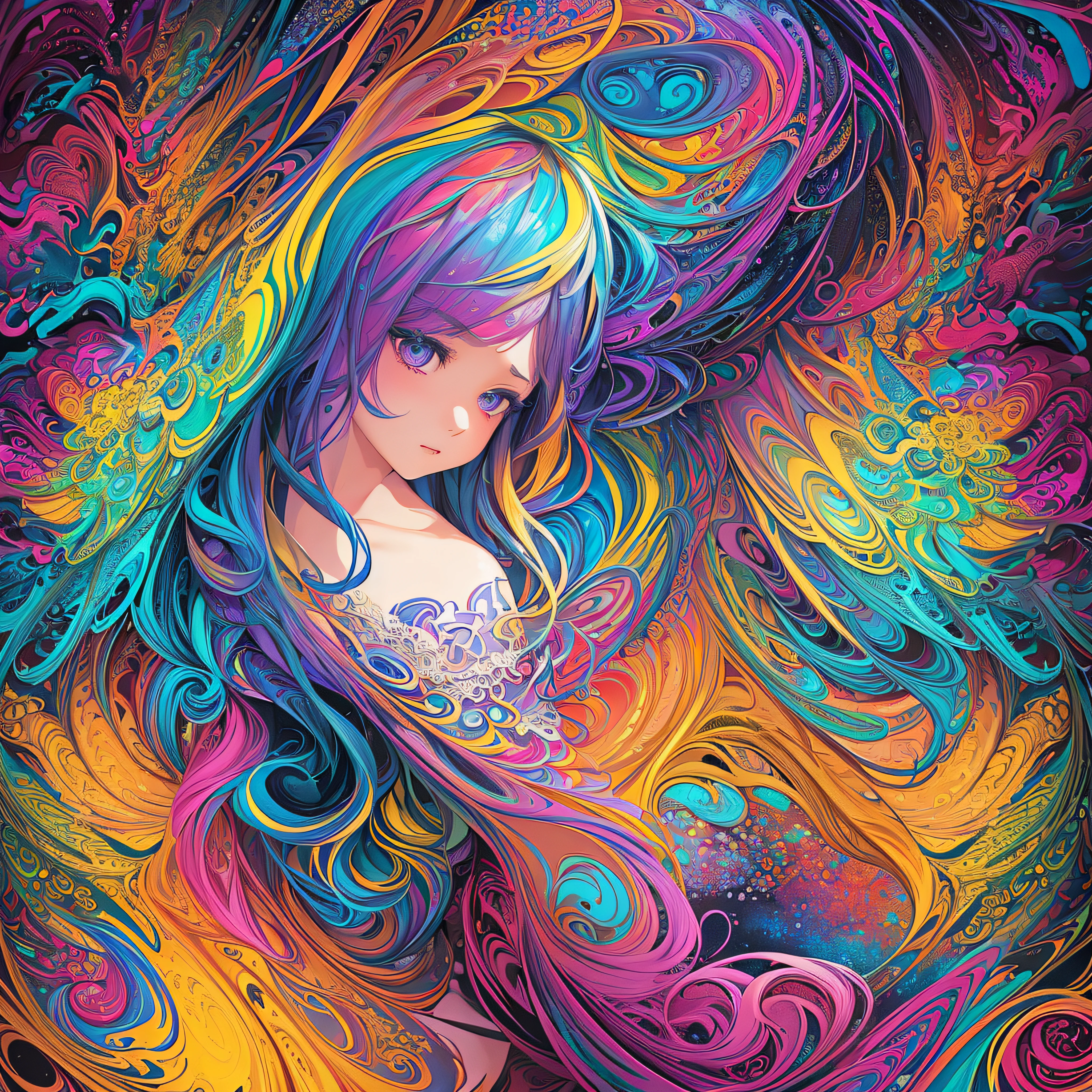 Woman with light hair and bright makeup Cat-like little devil face painting of a, Vivid neon ink painting, Vibrant digital painting, Vibrant digital art, pop-art, art of alessandro pautasso, vibrant cartoon art, jen bartel, colorful digital art, Colorful paintings, Colorful Digital Painting, Hypercolor Digital Art, Vivid paintings, Full-color digital art, colourful drawing, vibrant fan art