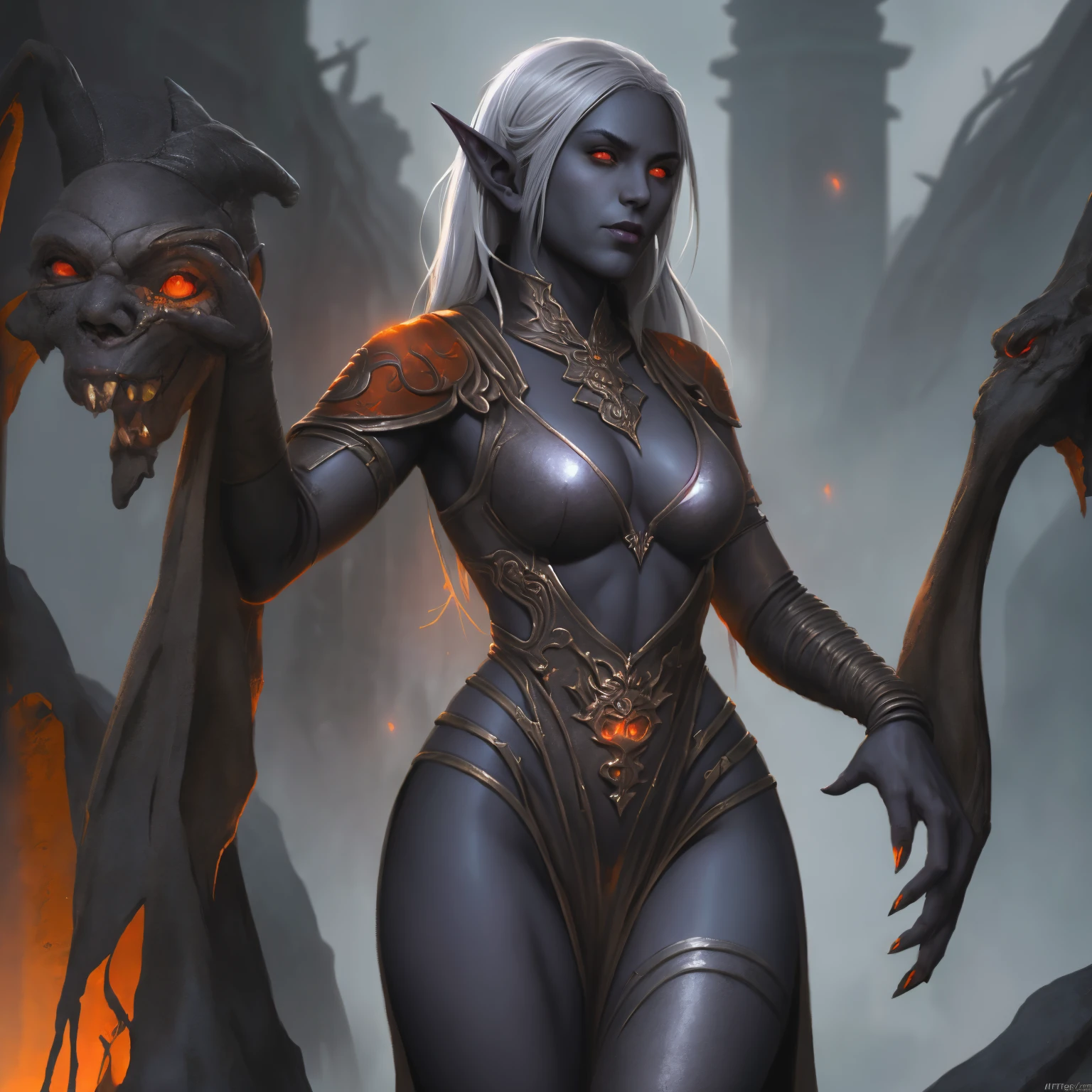 masterpiece, best quality, drow, dark elf woman, sexy body, colored skin, grey skin, pointy ears, red eyes, orange eyes, glowing eyes, evil temple background, art by greg rutkowski, trending on artstation,