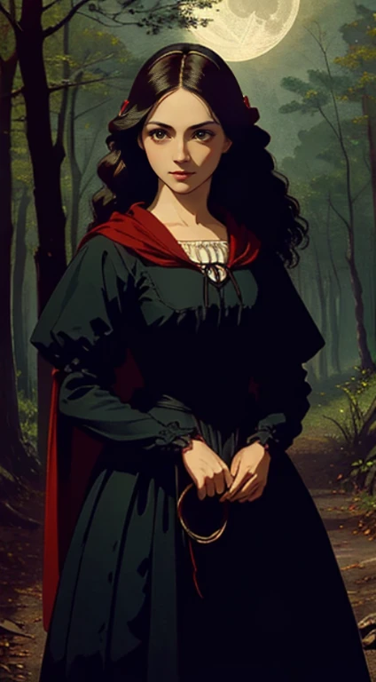 Cinematic Highly colored painting Realistic portrait (extreme close-up, from front) shot of ((1woman, sensual)), (colonial puritan peasant), dress-up:1.3 in (red:1.5 puritan gowns from 1700s, red hood cape).((medium breasts, holding herself)), ((brunette:1.2 wavy long hair, green eyes, greek noose)). ((smiling, standing, serene)). 1700, outdoors, midnight:1.5, woods, full moon:1.3, trees. (detailed, masterpiece, soft lighting)