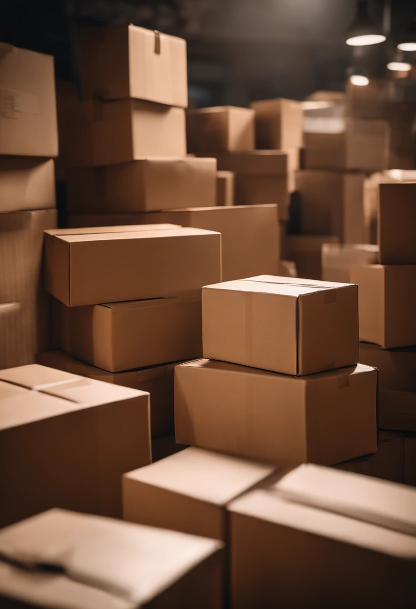 A visually stunning composition of a stack of cardboard boxes in different sizes and shapes, creating a visually organized and industrious scene.