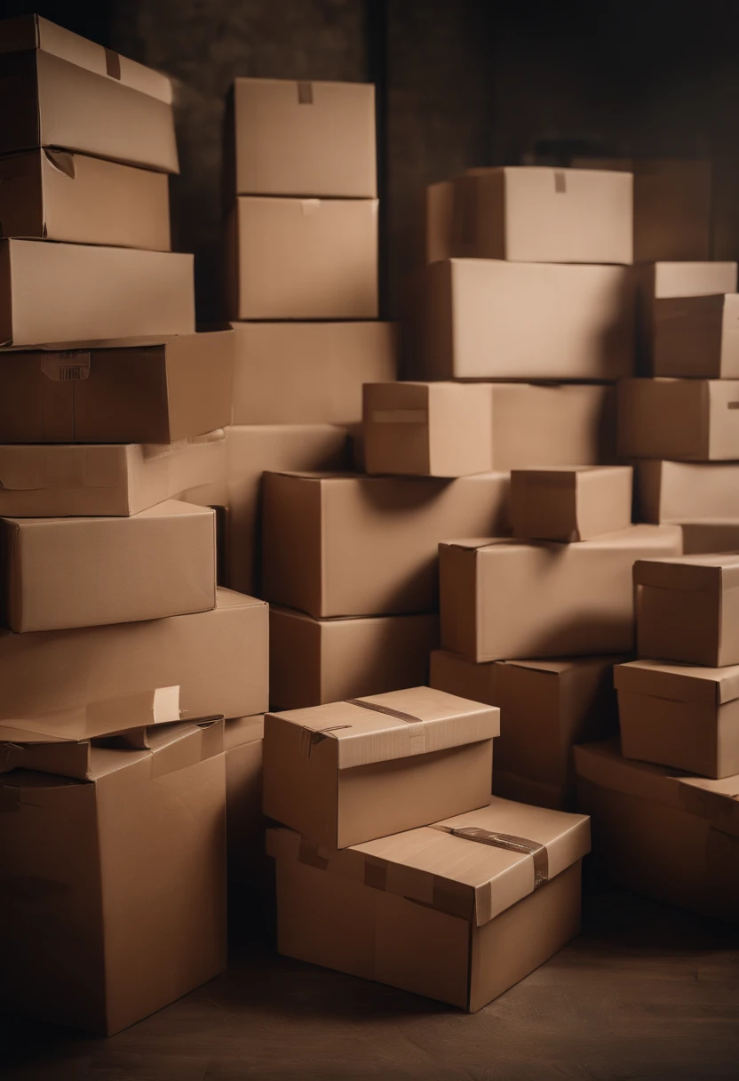 A visually stunning composition of a stack of cardboard boxes in different sizes and shapes, creating a visually organized and industrious scene.