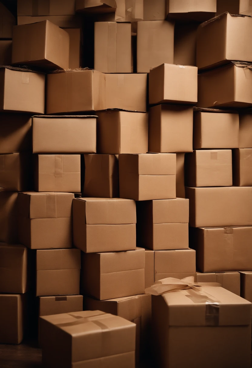 A visually stunning composition of a stack of cardboard boxes in different sizes and shapes, creating a visually organized and industrious scene.