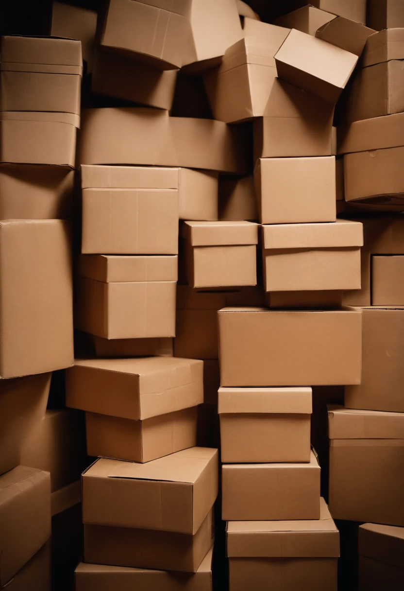 A visually stunning composition of a stack of cardboard boxes in different sizes and shapes, creating a visually organized and industrious scene.