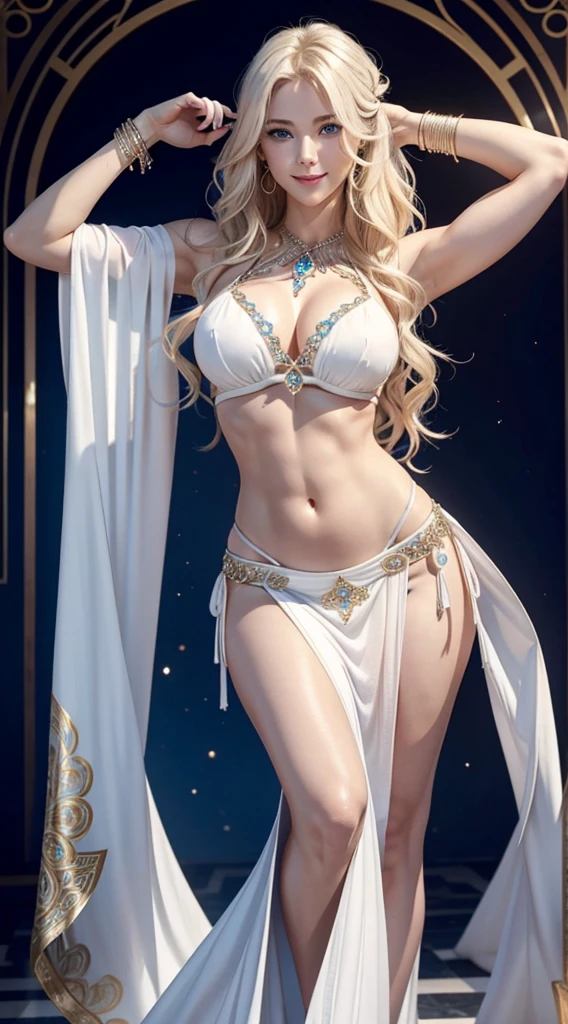 A 23-year-old white woman with unparalleled beauty.、blue eyess、platinum-blonde、White skin、hair is wavy、Longhaire、The ends of the hair are curled upwards、a smile、View from the front、wearing a sexy belly dance dress、dancing belly dance、Art Nouveau background、The navel is out、My abs are cracked、Slender yet well-proportioned muscular body、Photorealistic images、8K picture quality、I&#39;m punching my chest、I don&#39;t want my head to disappear from the screen.、Wearing accessories on your wrist、wearing red nail polish、Stretched out