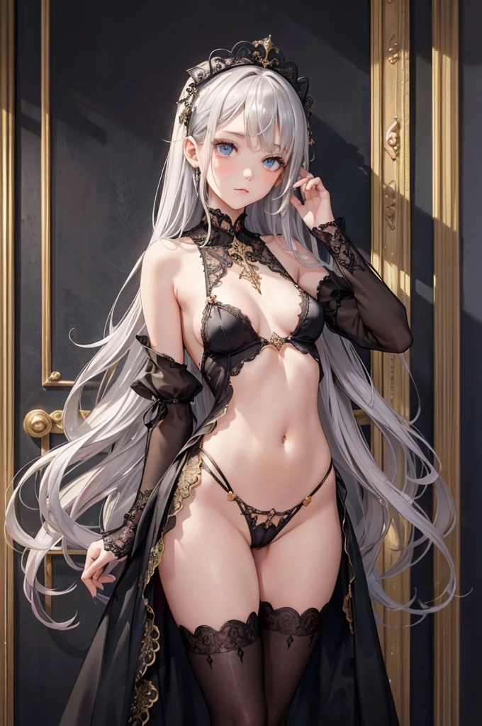 (masterpiece),ultra detaile,best quality,nsfw,nipple,pussy,(beautiful skinny well-groomed face-15years old-girl),fantasy,delicate black gothic-lace dress&eyes&gold ornaments&head-wear,long silver wavy hair,shining cold eyes&skin,small bresats,navel,bangs down,