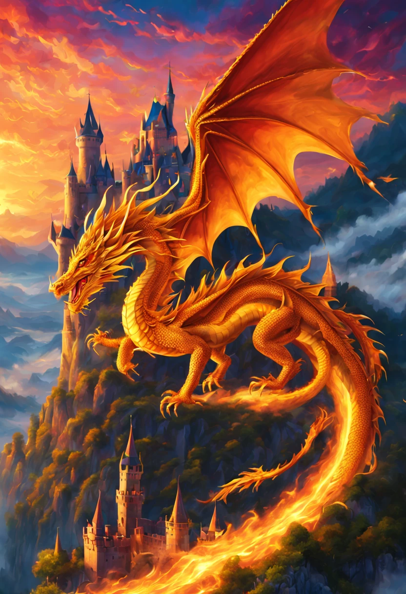 A golden dragon flying in the sky, against the backdrop of a castle. The artwork is created in a creative and dramatic style, with vibrant and saturated colors. The lighting effects in the image are dynamic and captivating. The rendering of the dragon and the castle is highly detailed, resulting in a masterpiece quality with a 1.2 multiplier.