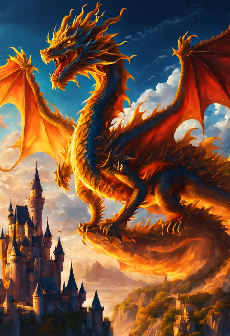 Majestic dragon flying over a medieval castle at sunset, dramatic cloudy sky, cinematic lighting, highly detailed, 8k, photorealistic, intricate architecture, glowing windows, vivid colors, golden hour, warm tones, dramatic atmosphere, epic fantasy landscape
