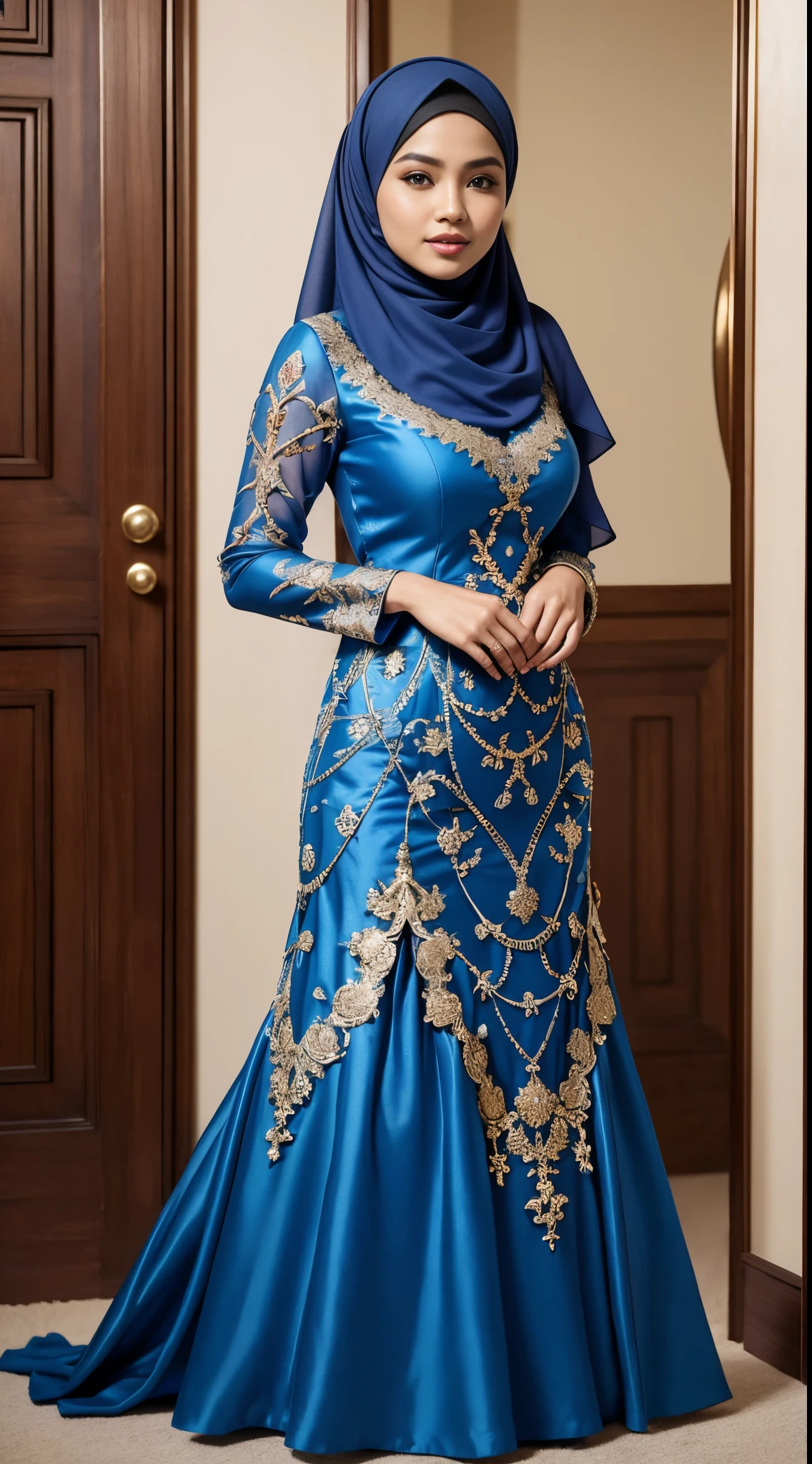 RAW, Best quality, high resolution, masterpiece: 1.3), beautiful Malay woman in hijab (iu:0.8)1beautiful Malay woman in hijab ,big breast,soft smile, wearing long dress female, wearing an elegant outfit, full covered dress, blue colored traditional wear, 🤠 using a 🖥, wearing an elegant dress, traditional beauty, detailed with high quality, intriguing outfit, wearing blue dress, wonderful masterpiece, detailed dress and face, in blue dress