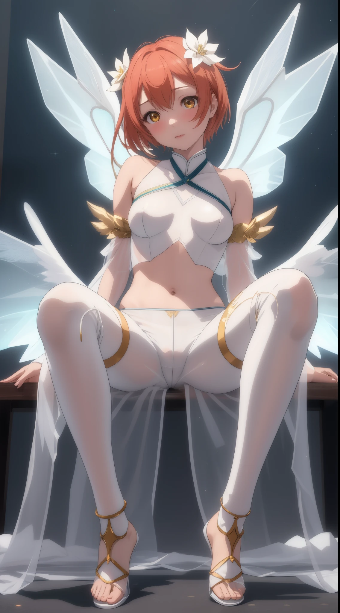 Masterpiece, Hoshizora rin,a beautiful urban female model, white transparent clothes under empty night stars, disappearing transparent pants, facial details, detailed body part details, 8k wallpaper, goddess wings, sitting, from below, spread legs,pov, tight