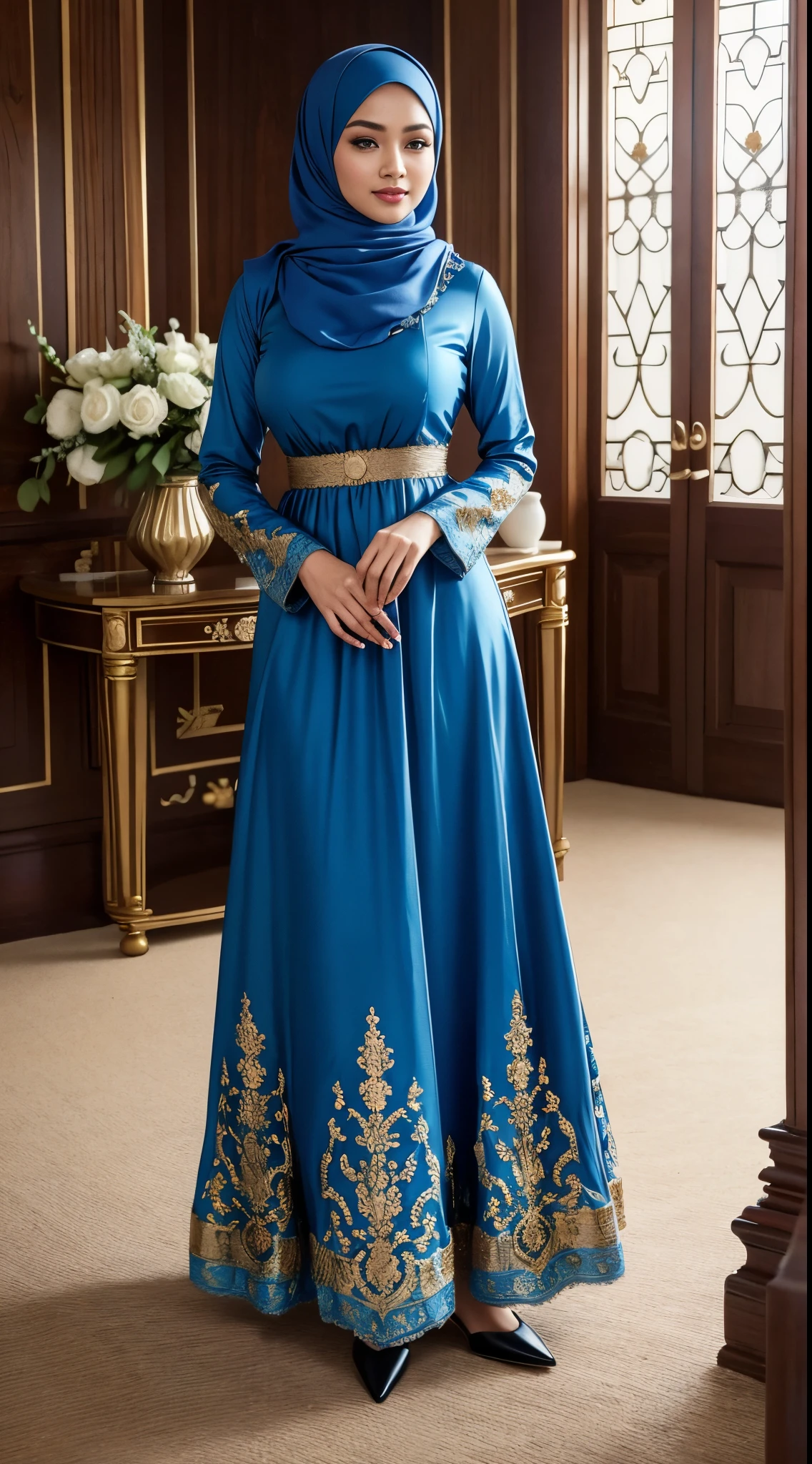 ( Close Up),RAW, Best quality, high resolution, masterpiece: 1.3), beautiful Malay woman in hijab,Masterpiece, perfect fit body, big breast,big gorgeous eyes, Soft smile,beutiful face,thick thighs, woman wearing a blue floral print dress and hijab, modest flowing gown, idian dress, beautiful silky dress, full covered dress, floral art novuea dress, royal gown, beautiful soft silky dress, very beautiful masterpiece, soft silk dress, blue silk dress, beautiful dress, royal dress, silk dress, elegant dark blue dress, royal brocade dress , (Delicate turtleneck) , shairband, afternoon walk, City garden, Excellent lighting, Bright colors, Clean lines,