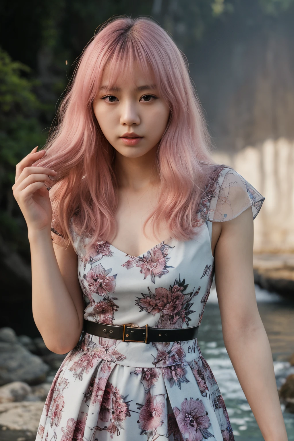 a close up of a woman in a waterfall, korean girl, gorgeous young korean woman, beautiful south korean woman, korean woman, beautiful young korean woman, korean women's fashion model, photo of slim girl model, attractive pose, floral dress, skinny waist and thick hips, jaeyeon nam, tattoo girl, light pink hair, verybadimagenegative_v1.3, ng_deepnegative_v1_75t, (ugly face:0.8),cross-eyed,sketches, (worst quality:2), (low quality:2), (normal quality:2), lowres, normal quality, ((monochrome)), ((grayscale)), skin spots, acnes, skin blemishes, bad anatomy, DeepNegative, facing away, tilted head, {Multiple people}, lowres, bad anatomy, bad hands, text, error, missing fingers, extra digit, fewer digits, cropped, worstquality, low quality, normal quality, jpegartifacts, signature, watermark, username, blurry, bad feet, cropped, poorly drawn hands, poorly drawn face, mutation, deformed, worst quality, low quality, normal quality, jpeg artifacts, signature, watermark, extra fingers, fewer digits, extra limbs, extra arms,extra legs, malformed limbs, fused fingers, too many fingers, long neck, cross-eyed,mutated hands, polar lowres, bad body, bad proportions, gross proportions, text, error, missing fingers, missing arms, missing legs, extra digit, extra arms, extra leg, extra foot, ((repeating hair))