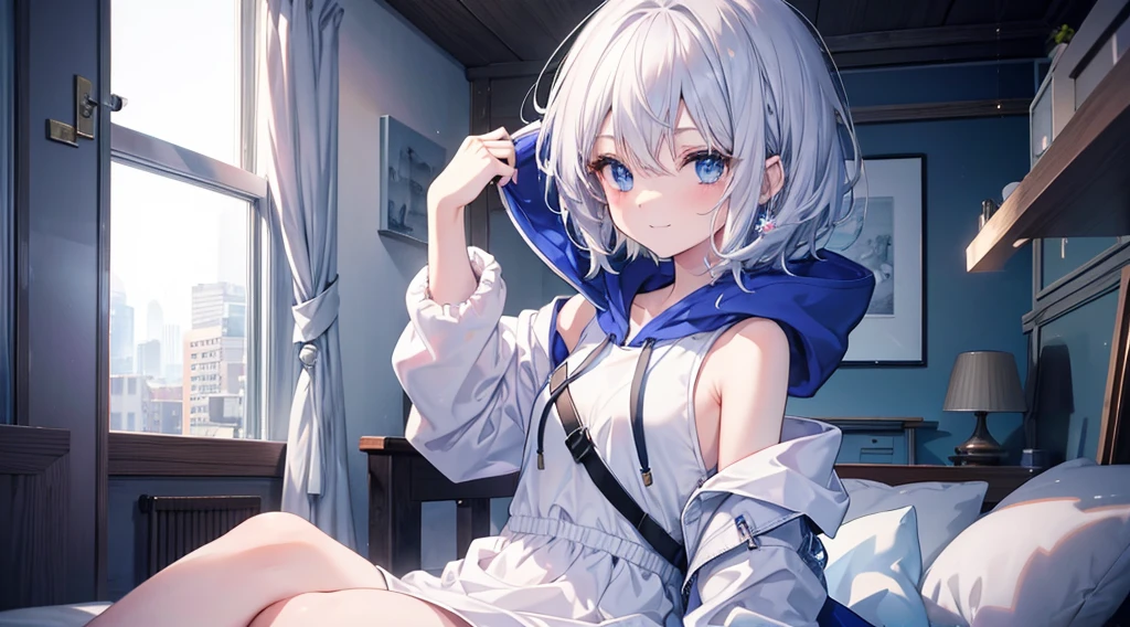 mid-shot, Look at viewers, hands behind back, girl with, 20 years old, Very short hair, long bangs between eyes, hair over shoulder, Grey Hair, Floating hair, ^ ^, pale blue eyes, Short dress, Hoodie, Skirt, Bare shoulder, White clothes, , Extremely detailed,(​masterpiece、top-quality)、独奏、1womanl、White hair、the tips of the hair are blue、Blue eyes、A smile、White skin as clear as snow、Small breasts, Silver hair, Blue eyes, Beautiful eyes, Teen Girl, Ecstasy, charmed, be smitten with audience, Hoodie, Hoodie with open front,Wearing a hoodie, Shoulder out,on the beds,inside in room,Prone,open open mouth