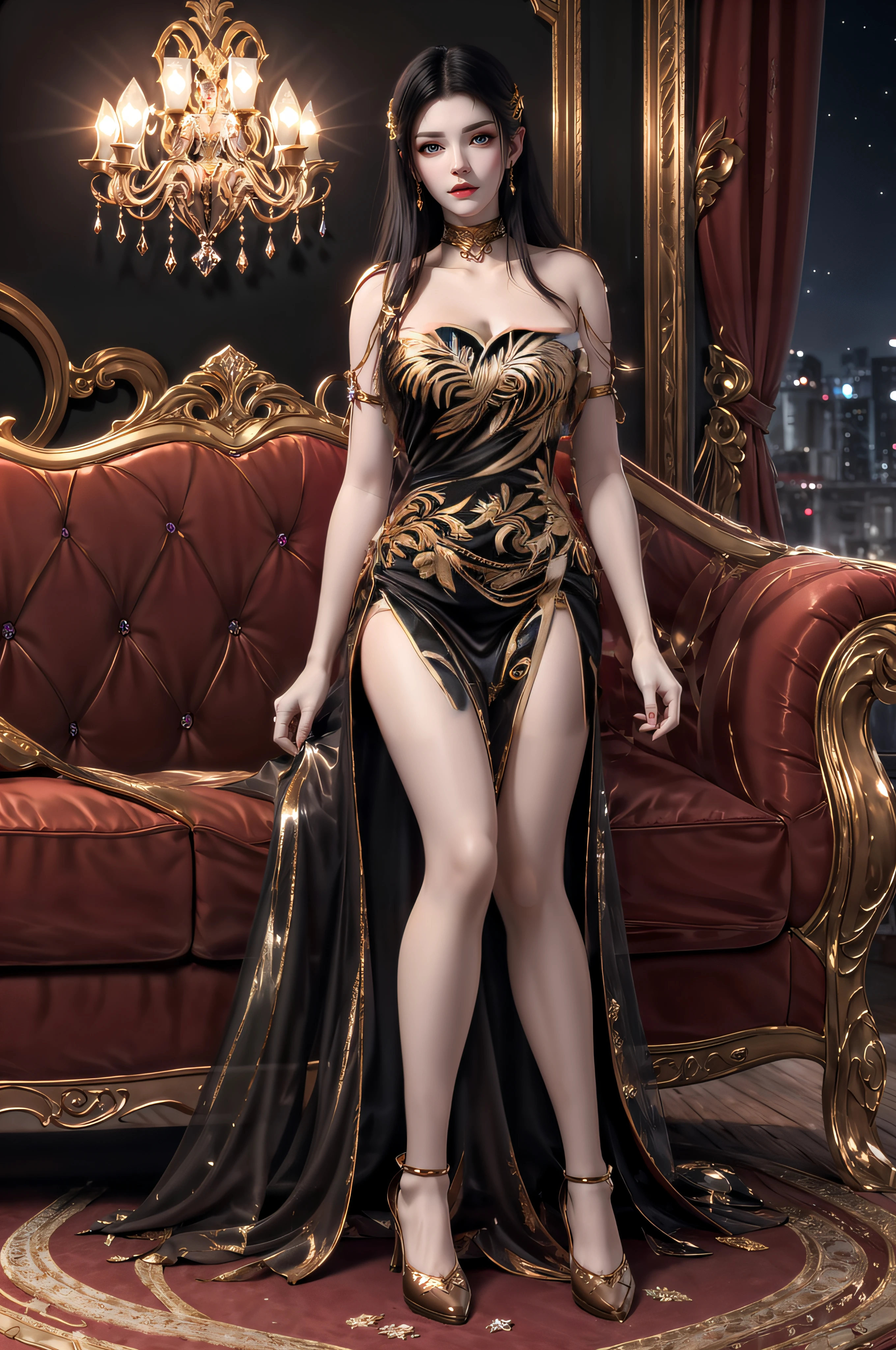 ((best quality,4k,highres,masterpiece:1.2)),((character concept art)), 1 female, age 25, Chinese Hong Kong, Hong Kong Elite, eldest sister, triad female leader, Known for her impeccable fashion sense and elegant demeanor, she is a true embodiment of the Versace brand. Her body language is as captivating as her style, always exuding confidence and high fashion. (((She's wearing an exquisite Versace Barocco-print Shirt in Silk and Barocco-print leggings gold-tone/white/black, a true testament to the brand's luxurious aesthetic.))) Paired with Versace Medusa Tribute Sandals, she carries her ensemble with an air of effortless sophistication. Her accessories include a Versace Medusa Tribute Bag and a pair of Versace Tribute Sunglasses, enhancing her overall look. ((intricate detail)), super finely detailed hands, ultra finely detailed fingers(((ten fingers))), (standing still with confidently), (full body showcase), (show full body), (no logos on background), (no logo), ((plain background)), ((plain background)), (((empty background))). Huge perky breasts, deep cleavage 1.8, thick thighs, hands in hair, cameltoe 1.8, curvy, (9sitting on sofa, spreading legs wide open 