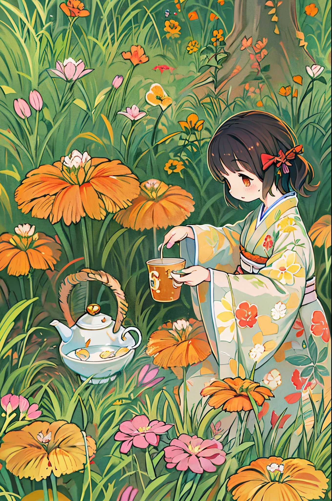 fairytale illustration/Reiko Ikemura, pixabay, simple art, full color illustration, Cute fairy tale illustration, Picture book illustration, Illustration, Girl picking tea in the style of Hayao Miyazaki, In the field, Kimono, Kimono
