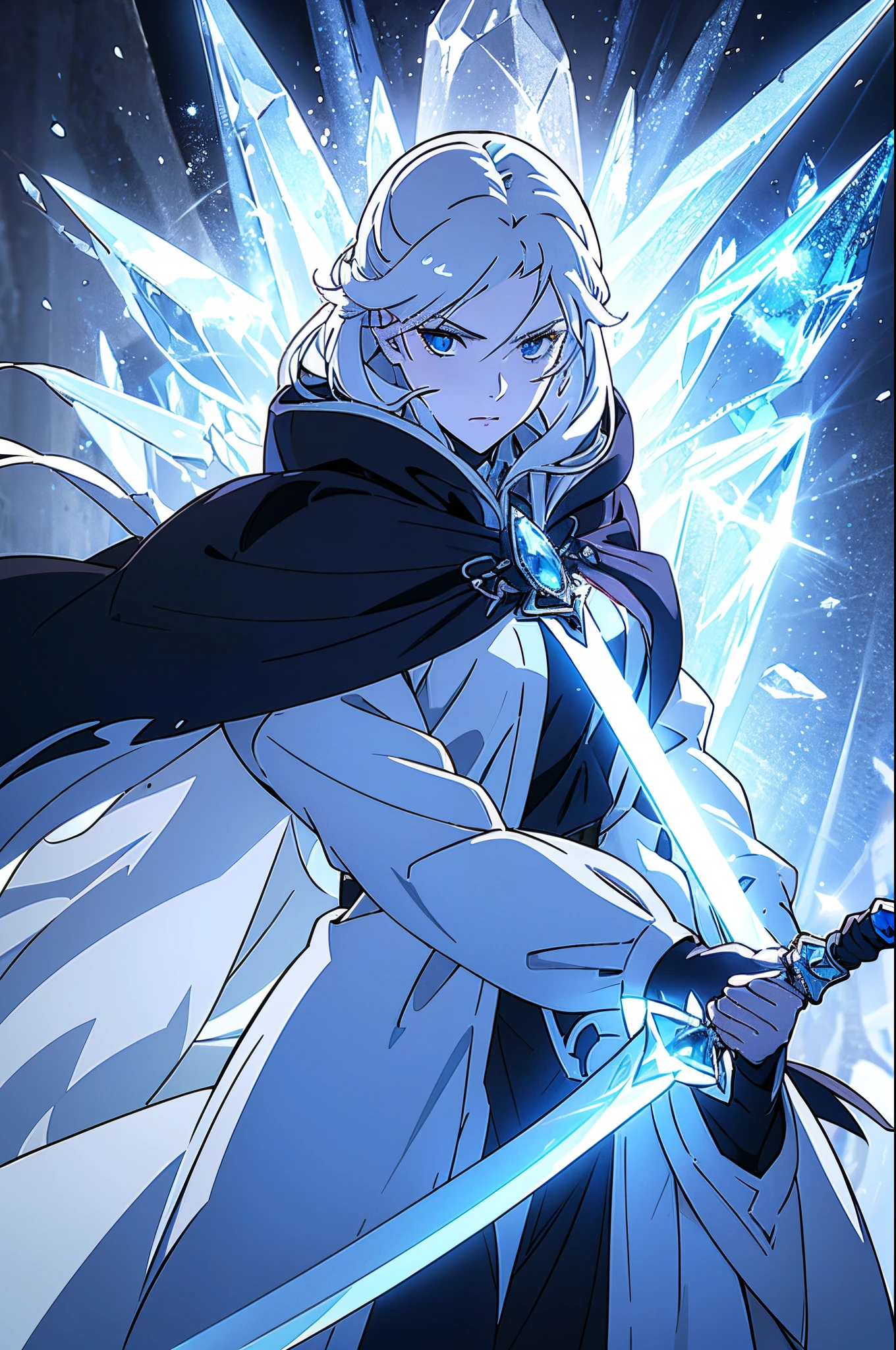 a woman, young, 19 years old, swordsman, long white hair, snow white skin, cold look, blue eyes like crystal, black clothes, black cloak with hood and crystal, holding a crystal sword, background with blue lights.