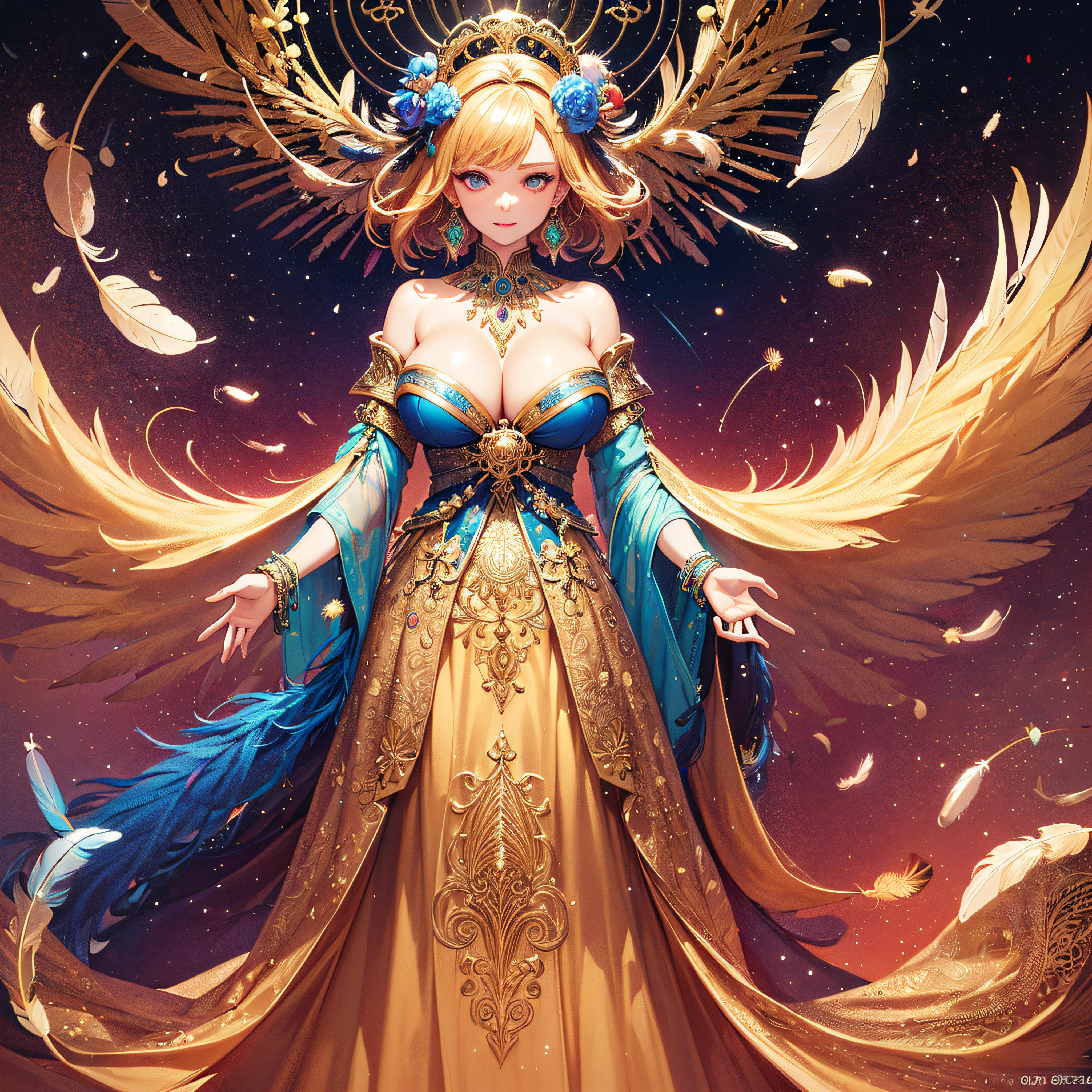 girl with，Huge breasts，off shoulders，Golden hair，Colored feathers，metal ornaments，colorful flower，Particle，Rays of Light，(masutepiece, of the highest quality, Best Quality, Official art, Beautiful and aesthetic:1.2), (1girl in:1.3), Extremely detailed,(Fractal Art:1.1),(Colorful:1.1)(Flowers:1.3),highest details,(Zentangle:1.2), (Dynamic Pose), (Abstract background:1.3), (Shiny skin), (Many colors:1.4), ,(earrings:1.4), (Feathers:1.4)