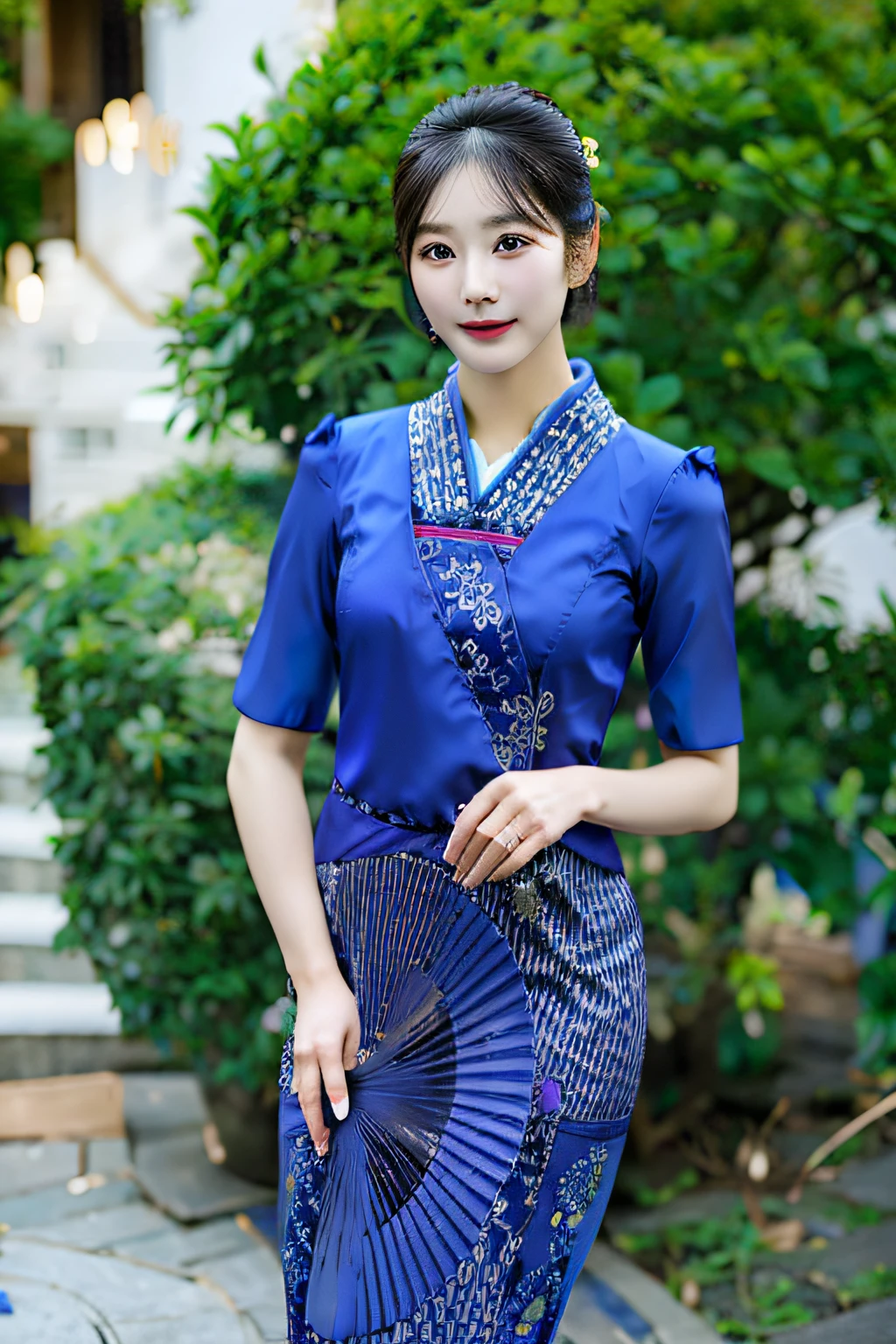 arafed asian woman in a blue dress holding a purple umbrella, sukhothai costume, traditional tai costume, blue colored traditional wear, in style of lam manh, wearing a blue qipao dress, traditional dress, traditional clothes, in style of thawan duchanee, traditional beauty, traditional, traditional clothing, in a blue qipao