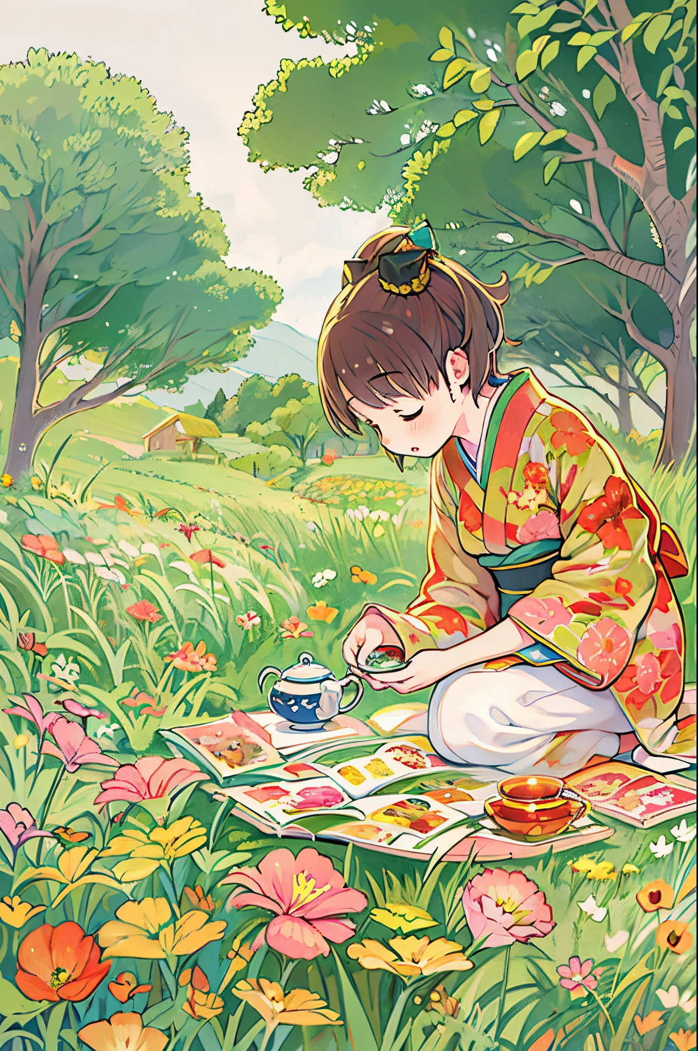 fairytale illustration/Reiko Ikemura, pixabay, simple art, full color illustration, Cute fairy tale illustration, Picture book illustration, Illustration, Girl picking tea in the style of Hayao Miyazaki, In the field, Kimono, Kimono