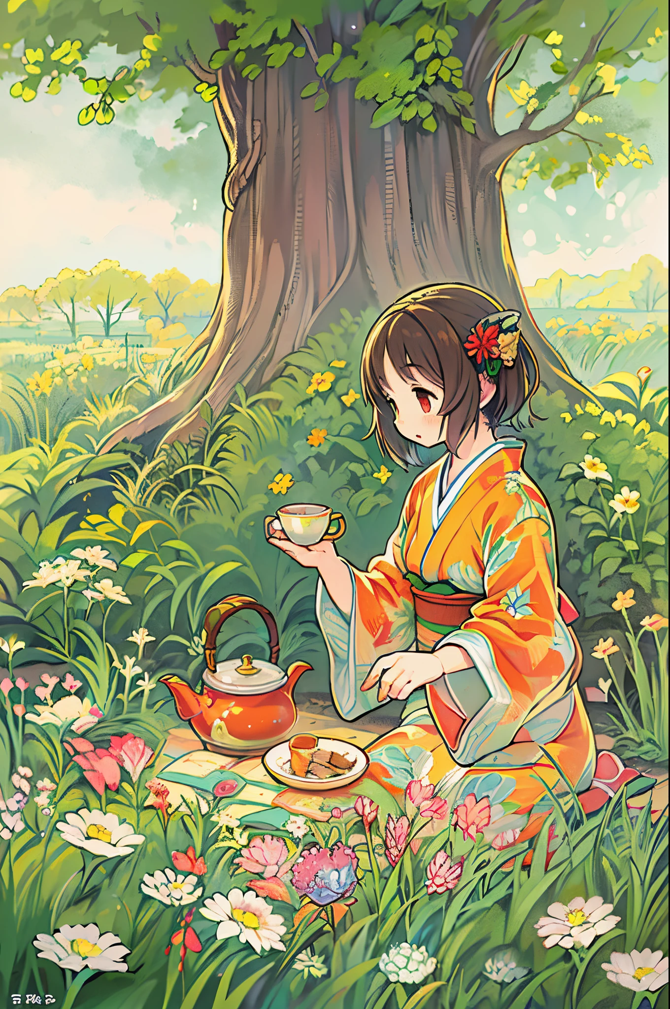 fairytale illustration/Reiko Ikemura, pixabay, simple art, full color illustration, Cute fairy tale illustration, Picture book illustration, Illustration, Girl picking tea in the style of Hayao Miyazaki, In the field, Kimono, Kimono
