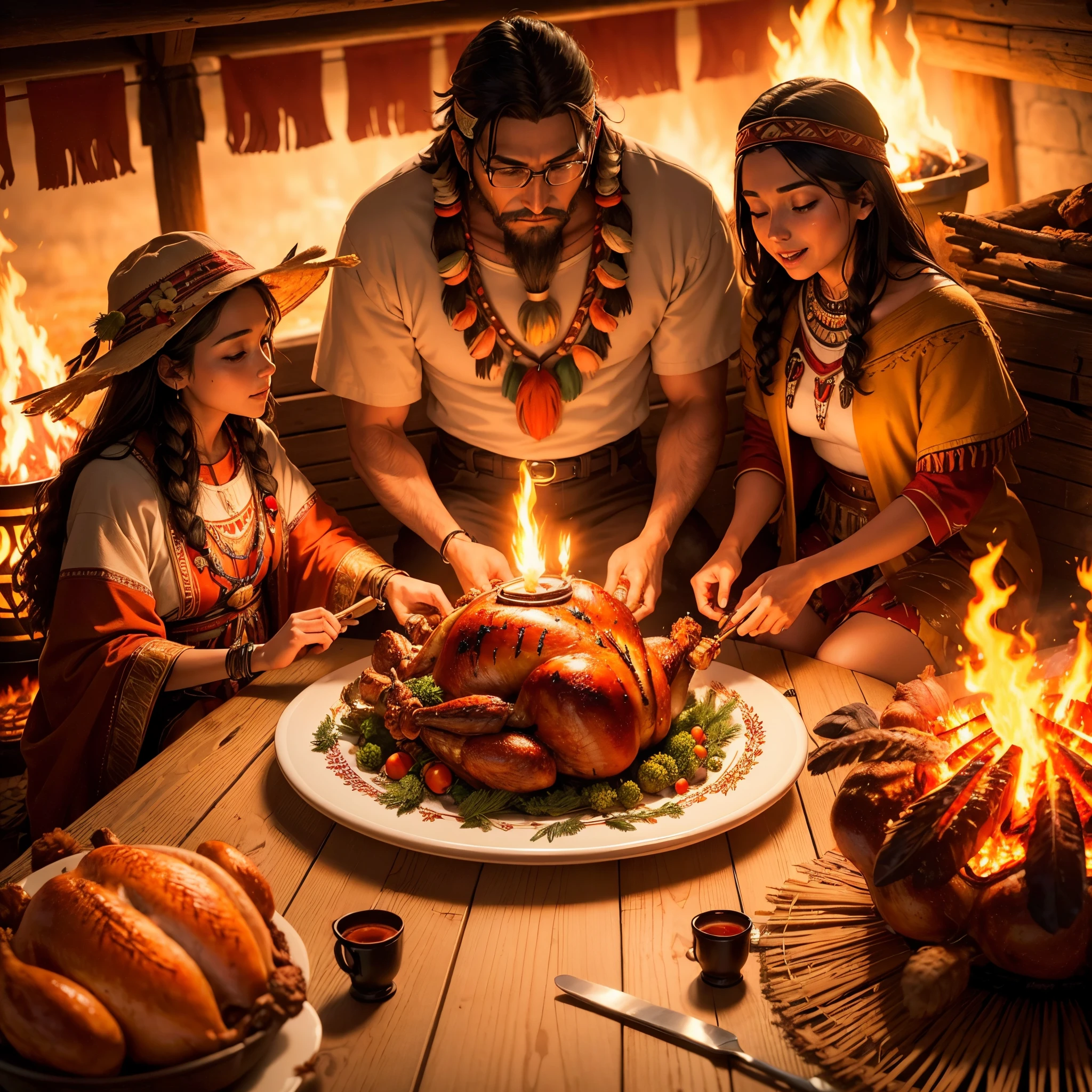 (Roast turkey:1.5), Native American, whisky, Bonfire party, Thank you for providing the best quality,4K,8K,A high resolution,tmasterpiece:1.2,ultra - detailed,actual:1.37 illustrations,oil painted,Realisticstyle,sporty attire,The scenery is colorful,Warm and comfortable atmosphere,Rustic turkey feather detail,Elaborate headdress of native american smoke rising from campfire,Dancing flames and the warm and light traditional clothing of Native Americans,Ornaments and feathers autumn colors,Rich and vibrant red,Orange and yellow whiskey glasses,Smoke rises from glasses,Reflecting the firelight of people gathering,laughter and joy,Family and friends enjoy Thanksgiving night,express happiness and unity