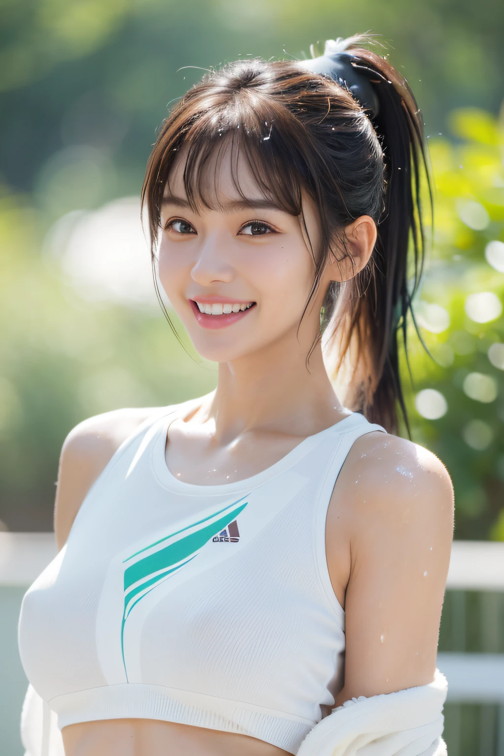 zydG, 1girl, detailed skin, looking at viewer, brown eyes, (ponytail with bangs:1.2), (large breasts:1.0), (large areolae:0.8), smile with white teeth,
(photorealistic:1.4), (best quality:1.0), (ultra highres:1.0), 8k, RAW photo, (masterpiece:0.2), (sportswear:1.4), (sweat, wet:1.1), portrait, face focus,
(pureerosface_v1:0.5)