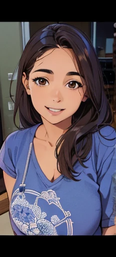 Girl, hair, brown eyes, blue shirt, smiling. Perfect smile. HD, clear picture. Round face.