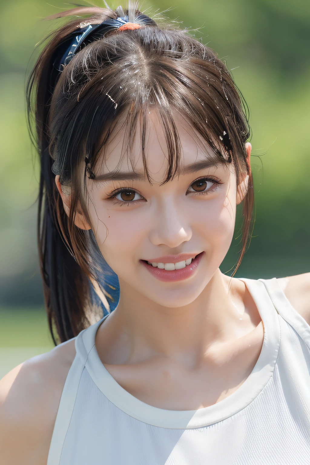 zydG, 1girl, detailed skin, looking at viewer, brown eyes, (ponytail with bangs:1.2), (large breasts:1.0), (large areolae:0.8), smile with white teeth,
(photorealistic:1.4), (best quality:1.0), (ultra highres:1.0), 8k, RAW photo, (masterpiece:0.2), (sportswear:1.4), (sweat, wet:1.1), portrait, face focus,
(pureerosface_v1:0.5)