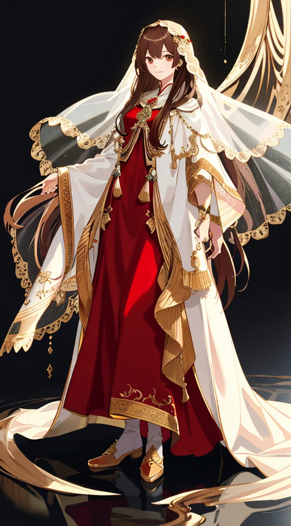 （（8K masterpiece）），Best quality at best，The content is very detailed，（1 girl），Brown hair long，delicated face，Eye focus，wide angles，veil effect。Full body design concept，clothes details，Red dress，White cloak，gemstones for hair，Full body lesbian，