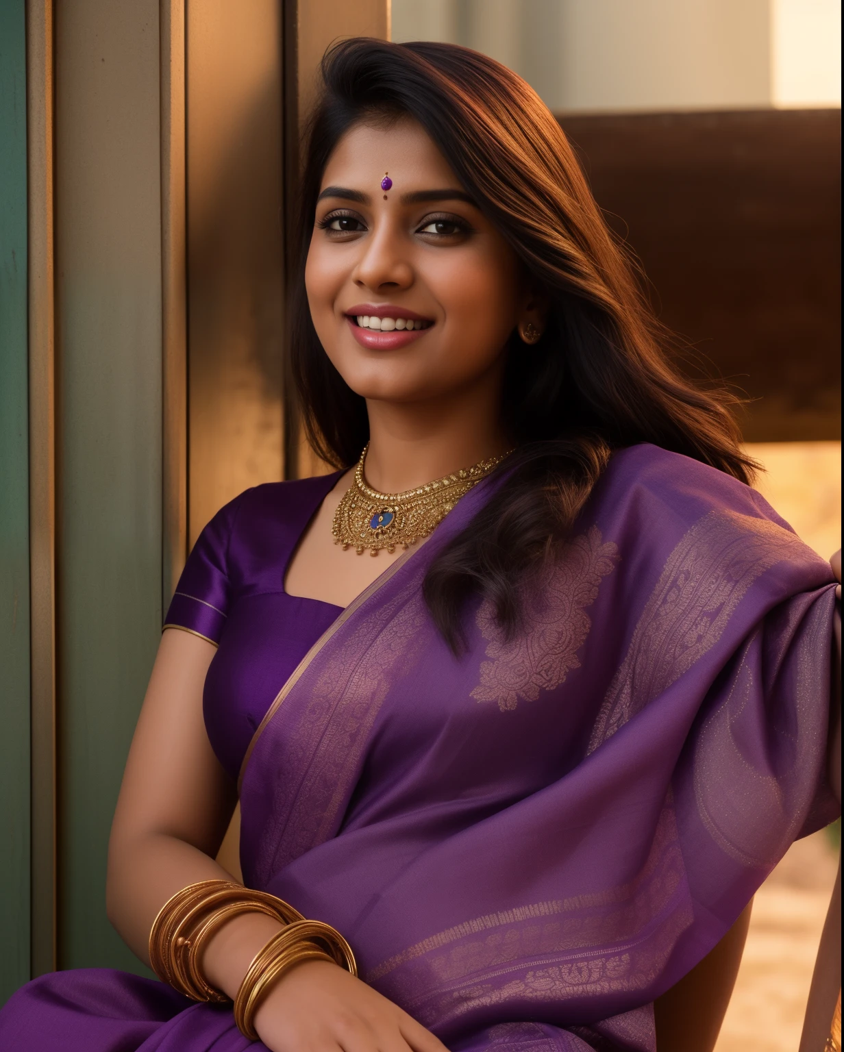 Day scene, close up photo of a indian from top view, posing under big tree, purple color sari, (wearing purple sari) , look at viewer and smile, (cinematic:1.3), intricate details, (ArtStation:1.2)