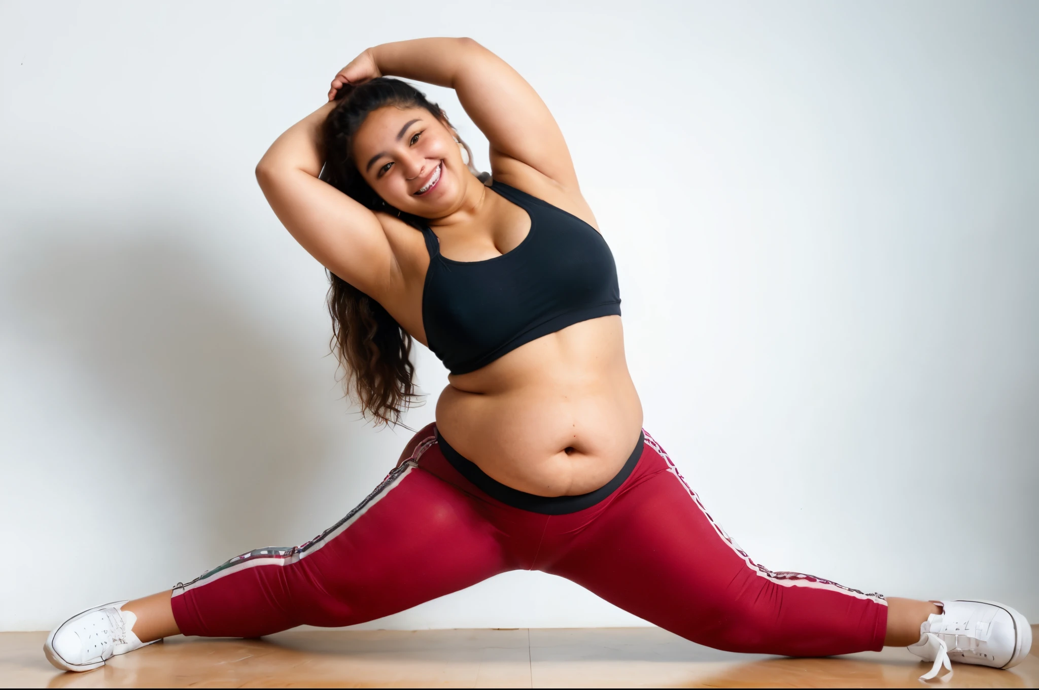 a beautiful smiling body-positive Mexican girl of 20 years with a very thick very big sagging belly and a lot of hanging fat folds, with a very thick very big sagging belly and a lot of hanging fat folds, dancing Reggaeton, well-drawn open eyes, realistic photo in good light in full growth on a uniform light background,