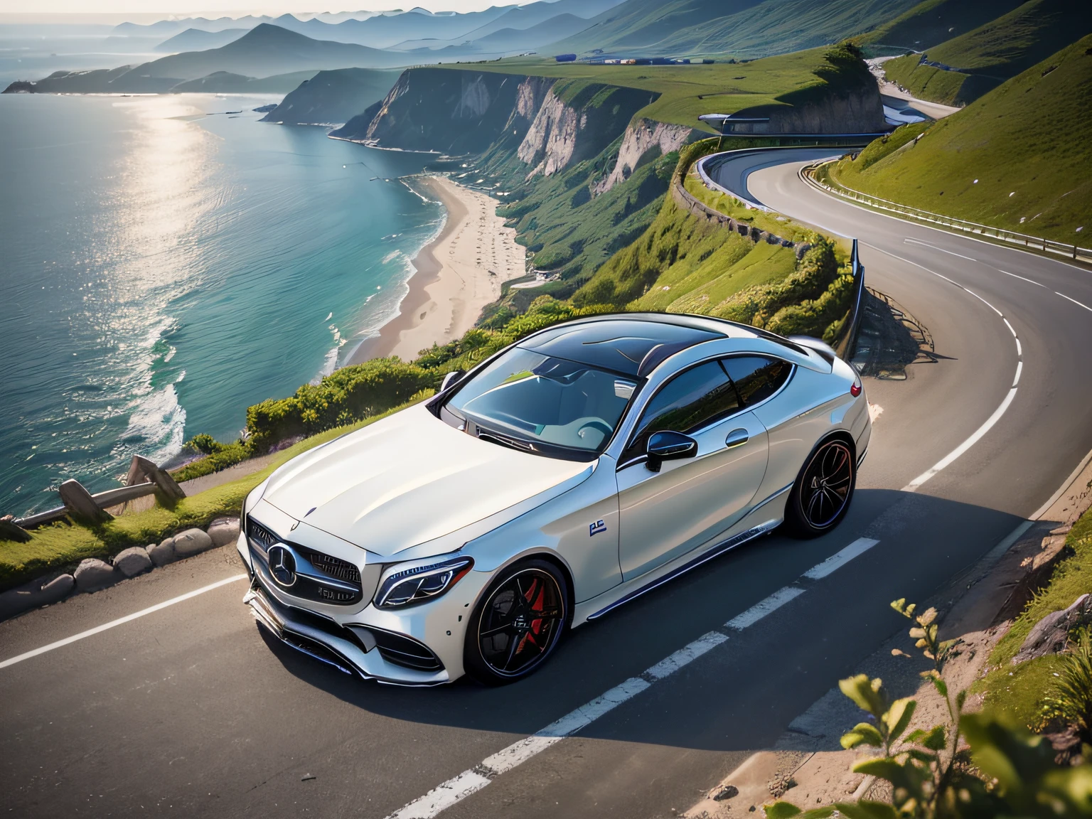 超A high resolution、An ultra-high picture quality、8K、Detailed details、marvelous expression、early summer coastline、Beautiful fresh greenery and lapping waves、A red car runs gracefully on the mountain pass road along the coast......、((Mercedes-Benz CLE500 Sports Coupe AMG ))