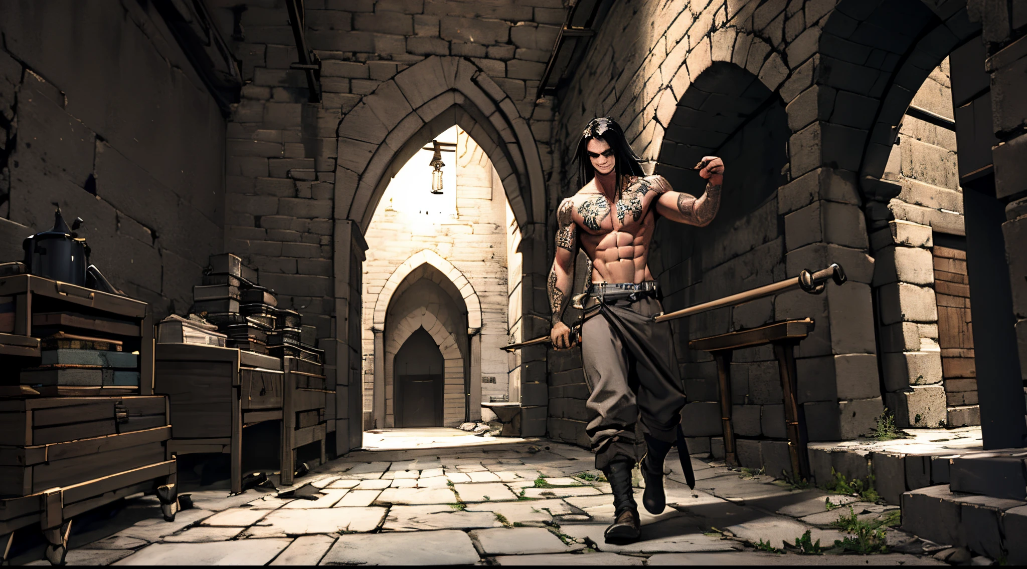 1male, buff, handsome, shirtless with tattoos, dark long hair, sadistic, evil, cruel smile, in a medieval dungeon with  devices