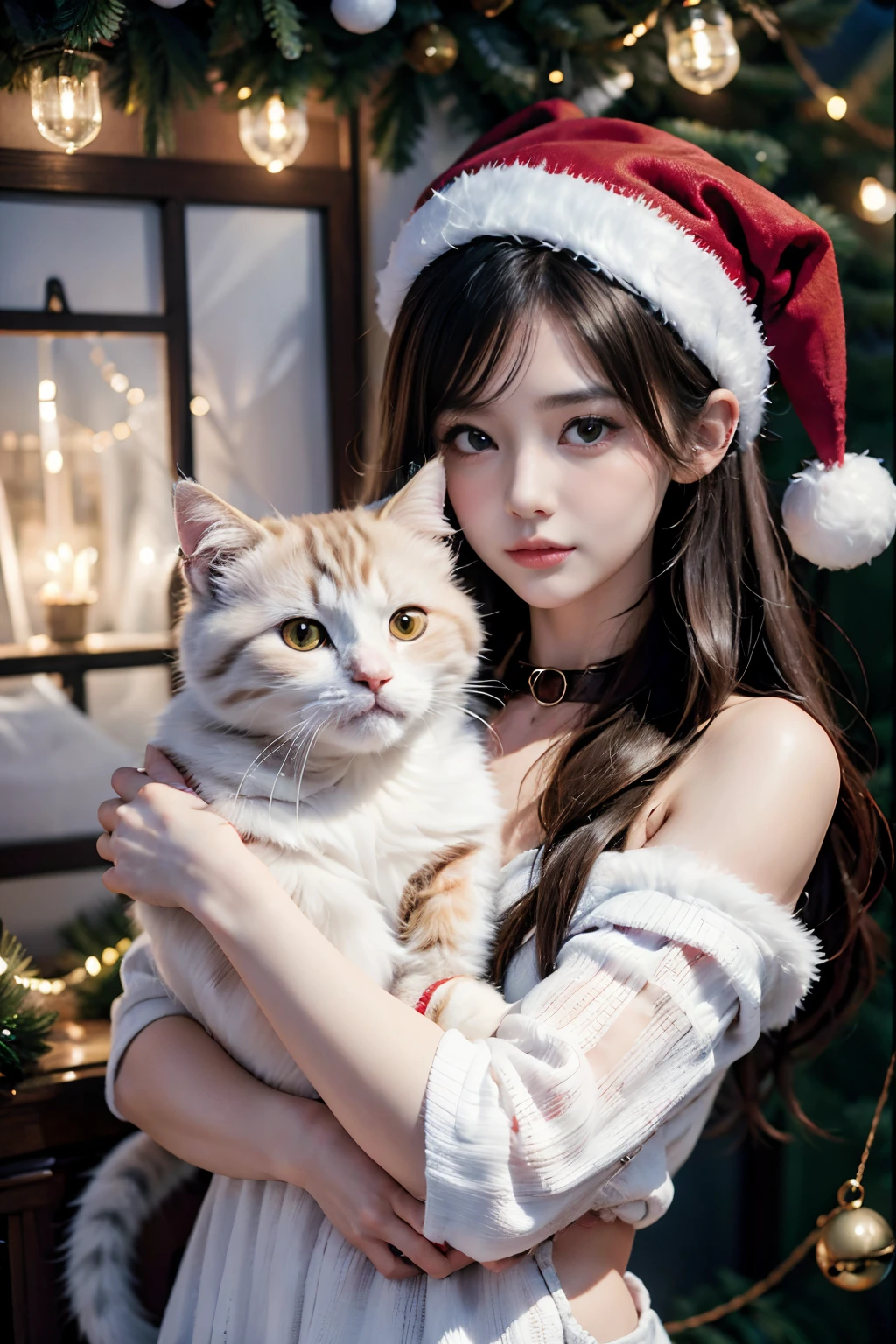 3D vector art、calico cat、Cat wearing santa hat、The cat has a bell'collars、 cute christmas gift, cat furry、Super realistic high quality, Cute and quirky, Fantasyart, Watercolor effect、girl hugging a cat