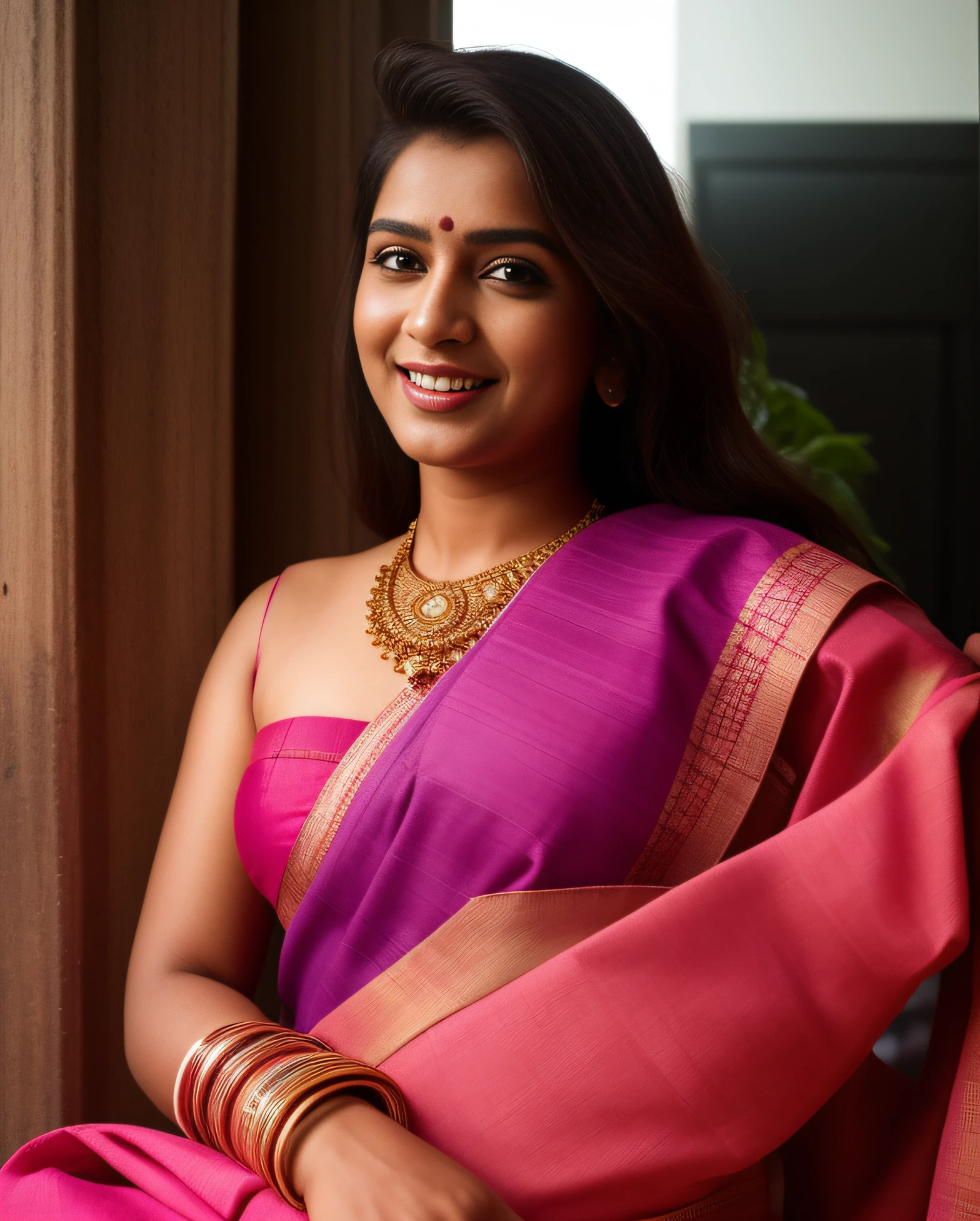 Day scene, close up photo of a indian from top view, posing under big tree,Magenta color sari, (wearing Magenta color sari) , look at viewer and smile, (cinematic:1.3), intricate details, (ArtStation:1.2)