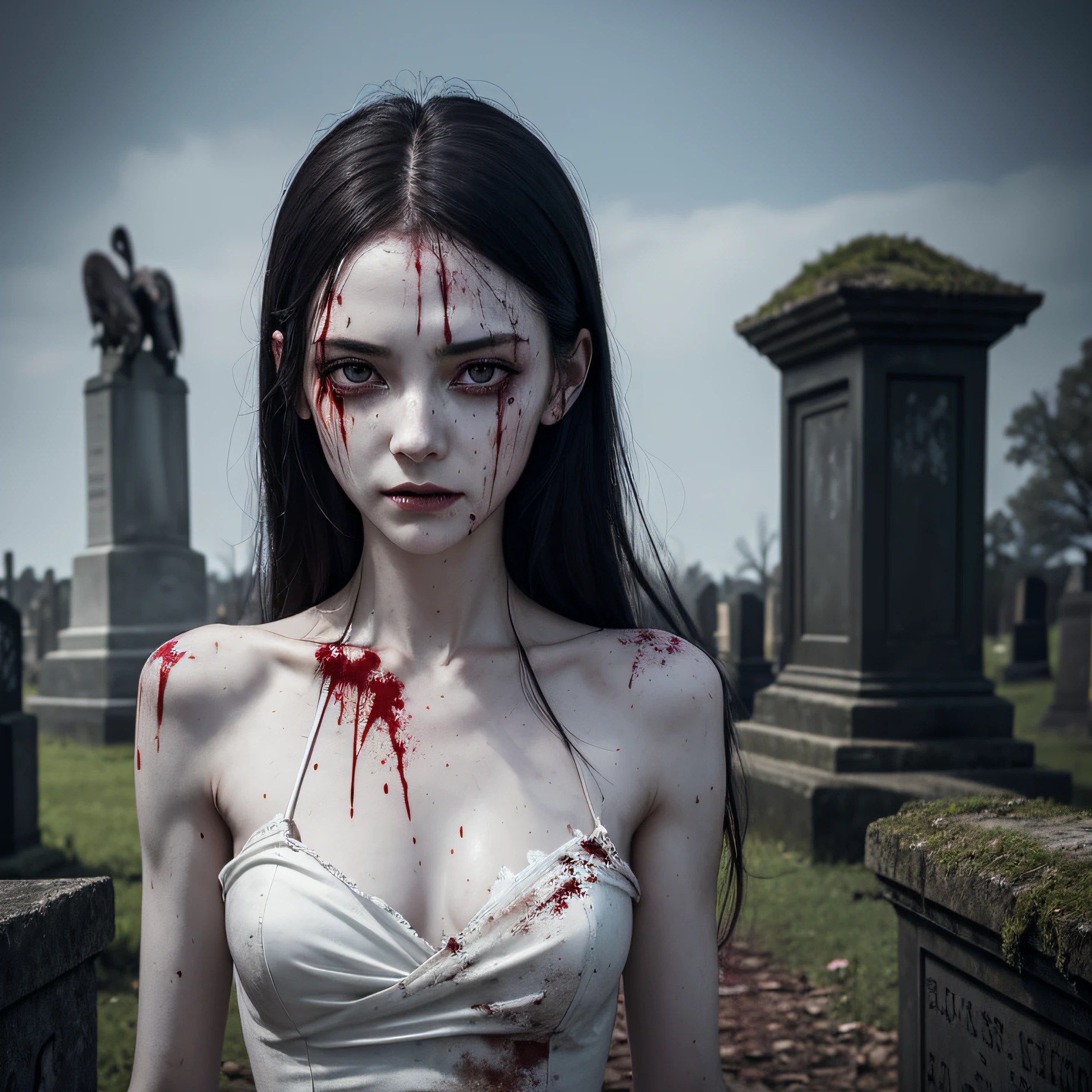 corpse, sinister, female, thin, pale, looking at the camera, ultra realistic, fully detailed, cemetery environment, bright eyes, white dress torn and stained with blood, bones exposed, putrid wounds, sensual, terrifying, bruised by the body, exposed fracture in the collarbone, slight smile, super detailed