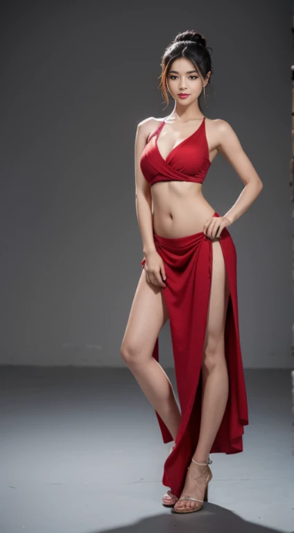 1 beautiful girl, Maximum resolution, Can see the whole body, full body image, Red mouth, beautidul eyes, many eyelashes, proportional body, Medium body, large boobs, Beautiful breast, breast augmentation, ancient slave costume, Cloth wrapped around the chest, Thai folk, Red Dresses, endless beauty, flat stomach, beautiful legs,