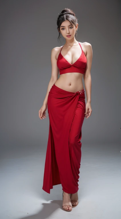 1 beautiful girl, Maximum resolution, Can see the whole body, full body image, Red mouth, beautidul eyes, many eyelashes, proportional body, Medium body, large boobs, Beautiful breast, breast augmentation, ancient slave costume, Cloth wrapped around the chest, Thai folk, Red Dresses, endless beauty, flat stomach, beautiful legs,