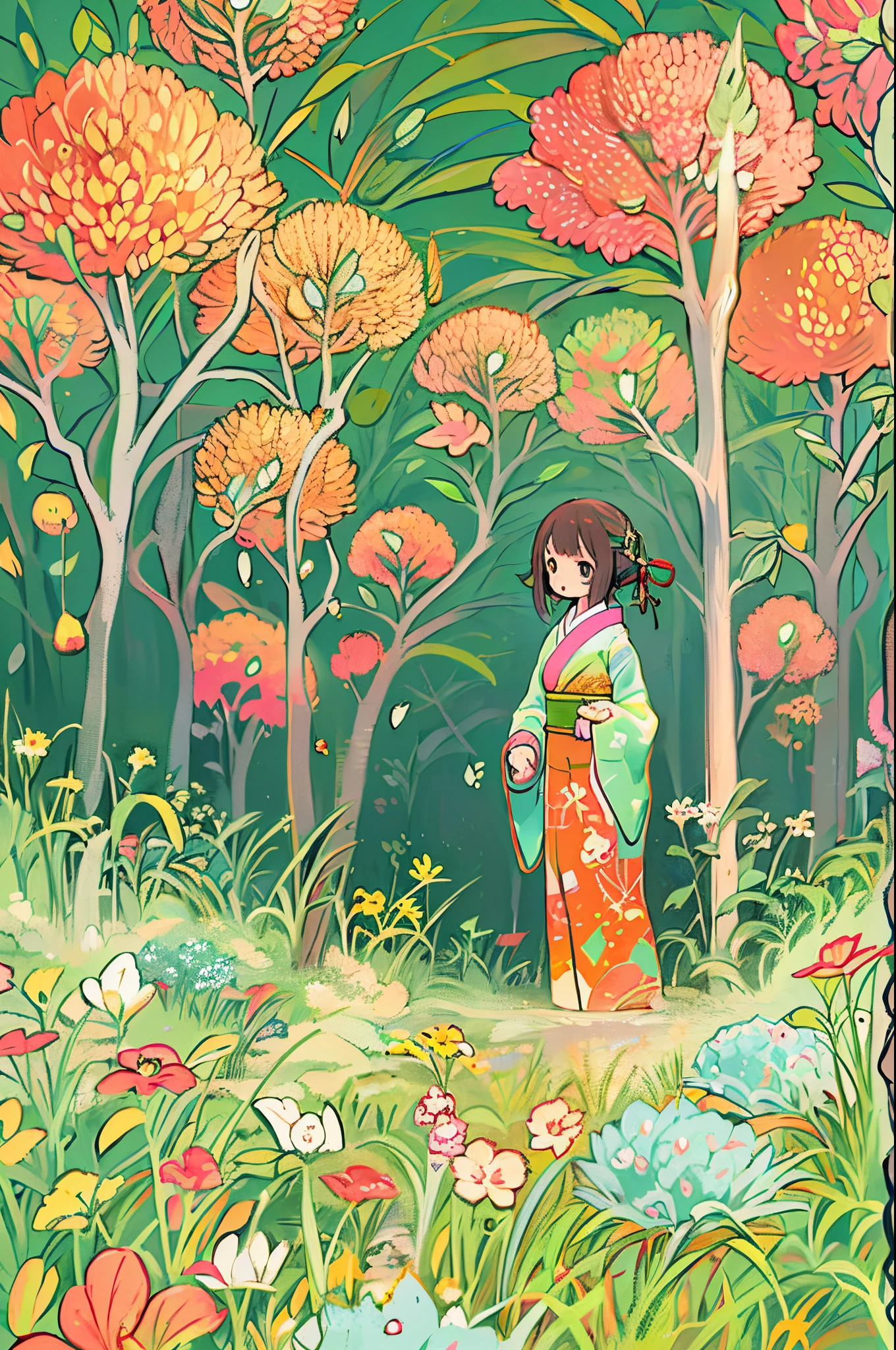 fairytale illustration/Reiko Ikemura, pixabay, simple art, full color illustration, Cute fairy tale illustration, Picture book illustration, Illustration, Hayao Miyazaki's style, In the field, Kimono, Kimono