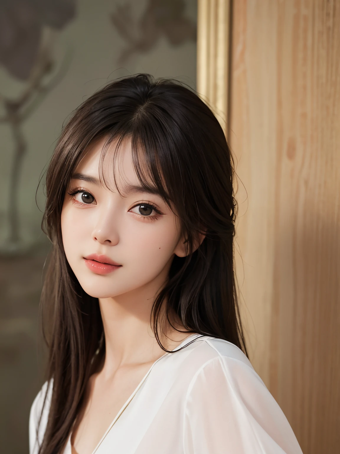 masutepiece, Top image quality, High quality, Beautiful woman, Popular Korean Makeup, Detailed, Swollen eyes, Detailed eyes, Detailed skin, Beautiful skin, 超A high resolution, (reality: 1.4), Very beautiful, Slightly younger face, Beautiful skin, slim, (Super realistic), (Illustration), (High resolution), (Very detailed) (Best Illustration), (Beautiful detailed eyes), (super detailed), (Wallpaper), (Detailed face), gaze at the audience, Fine details, Detailed face, pureerosfaceace_v1, Smile, Look straight ahead, Look straight ahead, angle from waist up, Realistic Photos, brightened light, Professional Lighting, Black hair (some green), Long hair, Dark ruins, Big Red Moon, Gorgeous red and black dress, Mature Woman, long and stylish bangs,