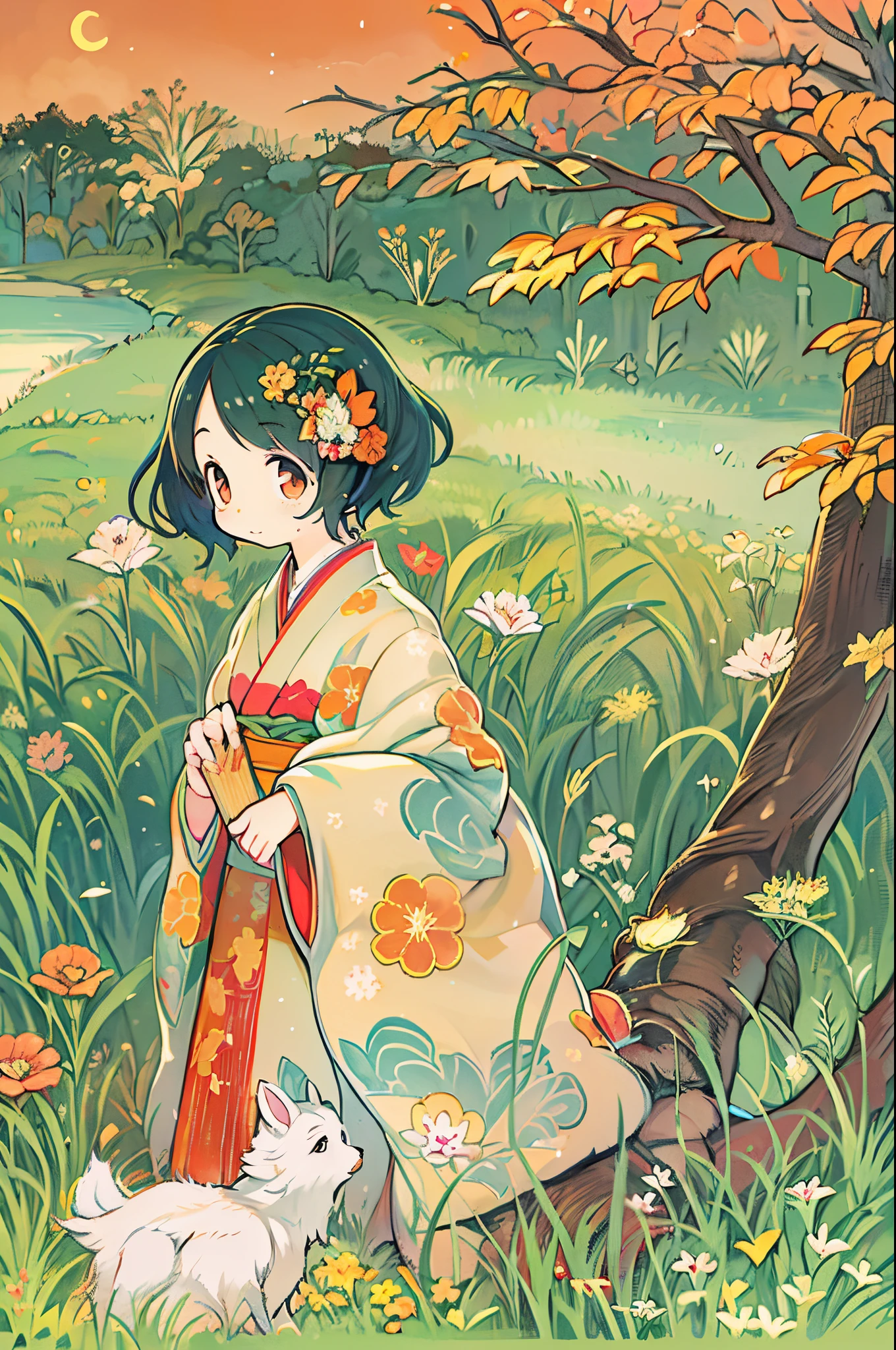 fairytale illustration/Reiko Ikemura, pixabay, simple art, full color illustration, Cute fairy tale illustration, Picture book illustration, Illustration, Hayao Miyazaki's style, In the field, Kimono, Kimono
