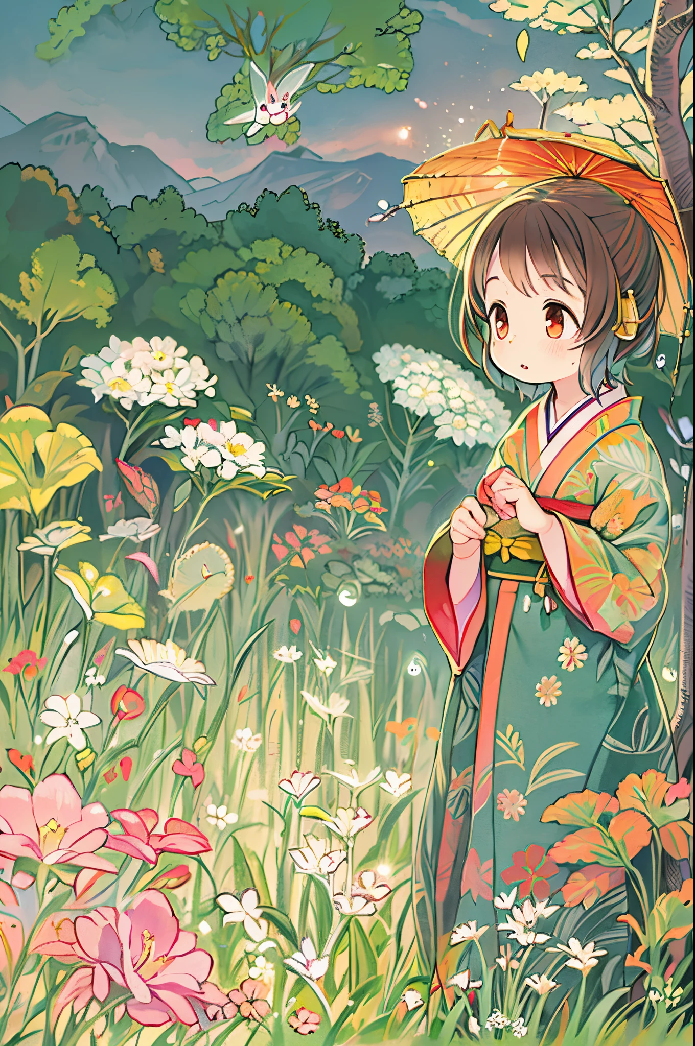 fairytale illustration/Reiko Ikemura, pixabay, simple art, full color illustration, Cute fairy tale illustration, Picture book illustration, Illustration, Hayao Miyazaki's style, In the field, Kimono, Kimono