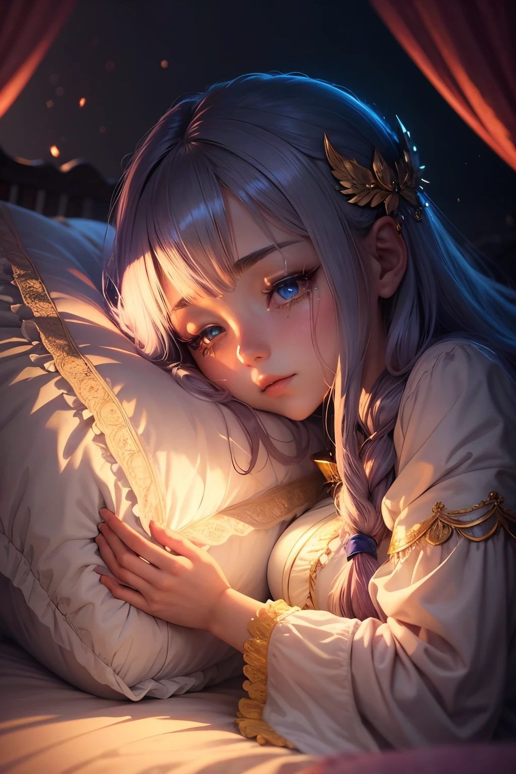 Stunning fantasy anime girl, face into her pillow, crying, laid on her bed, mystical magical fantasy enchanted ethereal, cinematic shot, cinematic scene, stunning, magical fantasy, diffused lighting