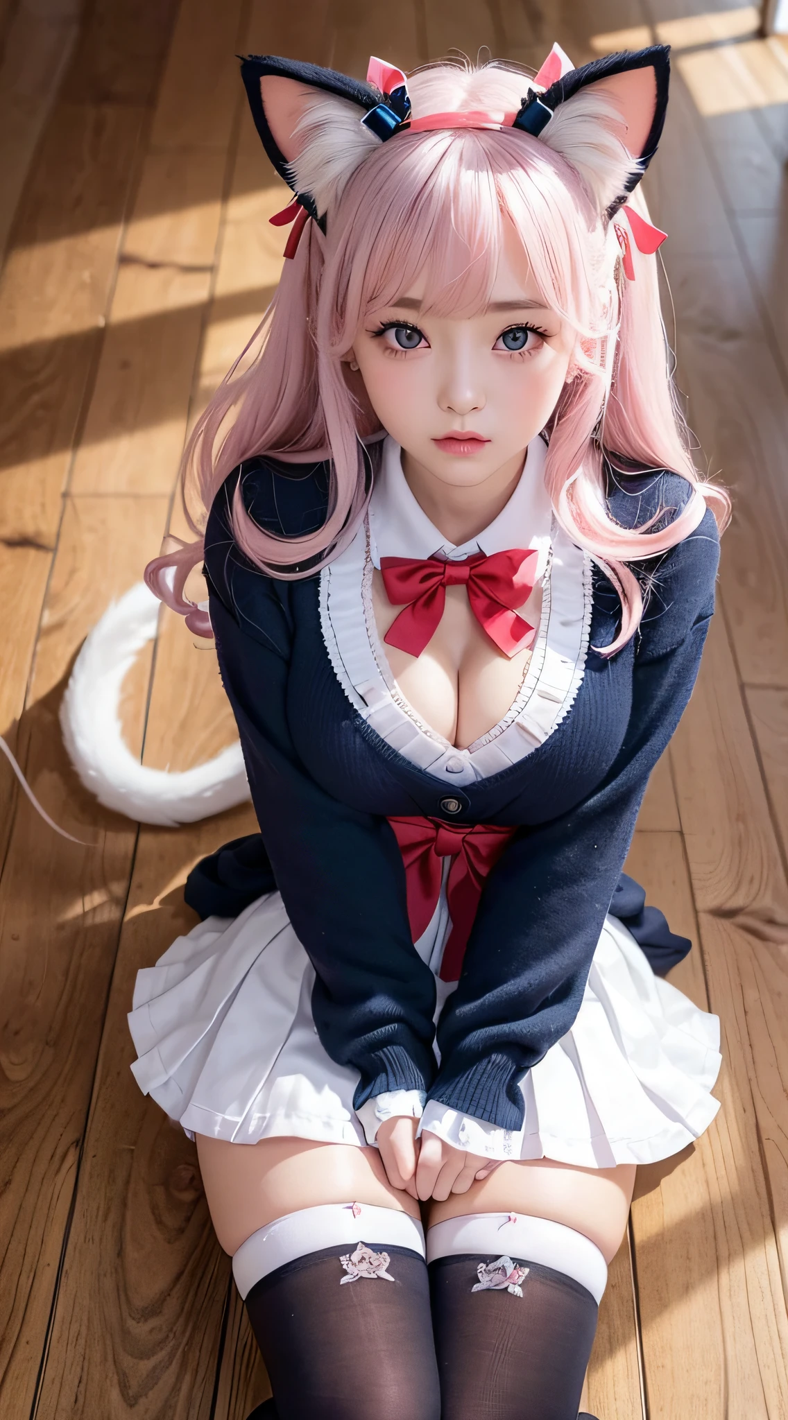 (a closeup:1.4)、(RAW shooting:1.2)、(Photorealsitic:1.4)、(masterpiece:1.3)、(top-quality:1.4)、one girls、(Slender and beautiful girl)、kawaii、(middlebreast:1.2)、beauty breast、(cleavage of the breast)、(erectile nipple:1.2)、Spread legs、(FULL BODYSHOT)、From above、in 8K、(masutepiece:1.2)、(bow ribbon、knee high socks:1.3)、Look at viewers、blush、Facing up、ribbon bondage、(beautifull hands)、(beautiful thigh)、(Twin-tailed:1.2)、School uniform、Cute、(White Cat Ear Hair Accessories:1.2)、
