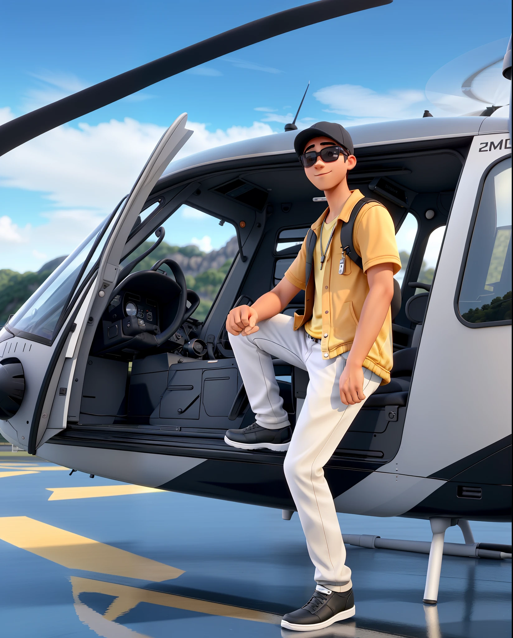 A young man standing in front wearing a black hat and sunglasses, iluminado pela luz do dia, against the backdrop of a helicopter